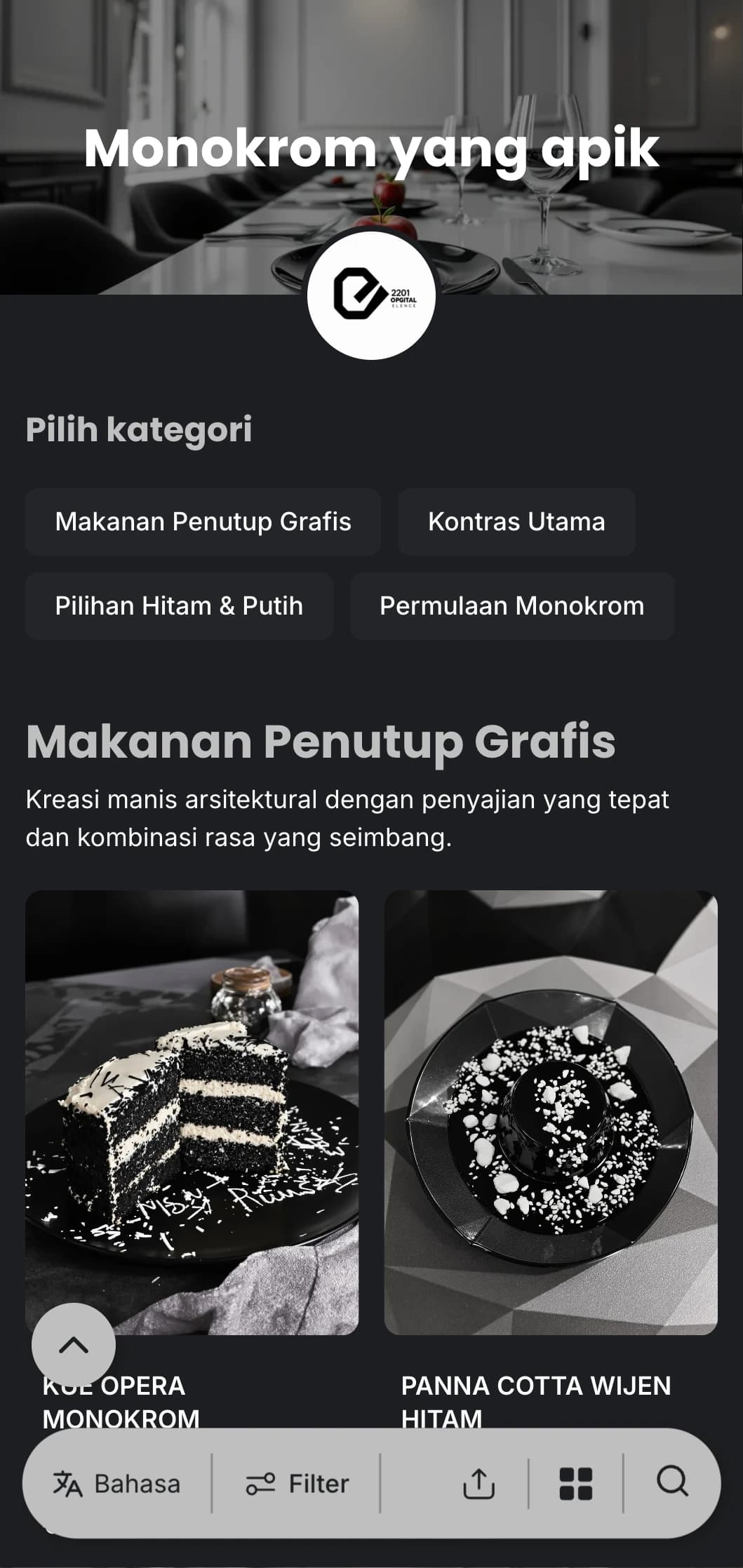 Menu makan malam hitam dan putih yang canggih dengan tipografi yang berani dan garis-garis yang bersih, dirancang untuk bersantap malam kontemporer.