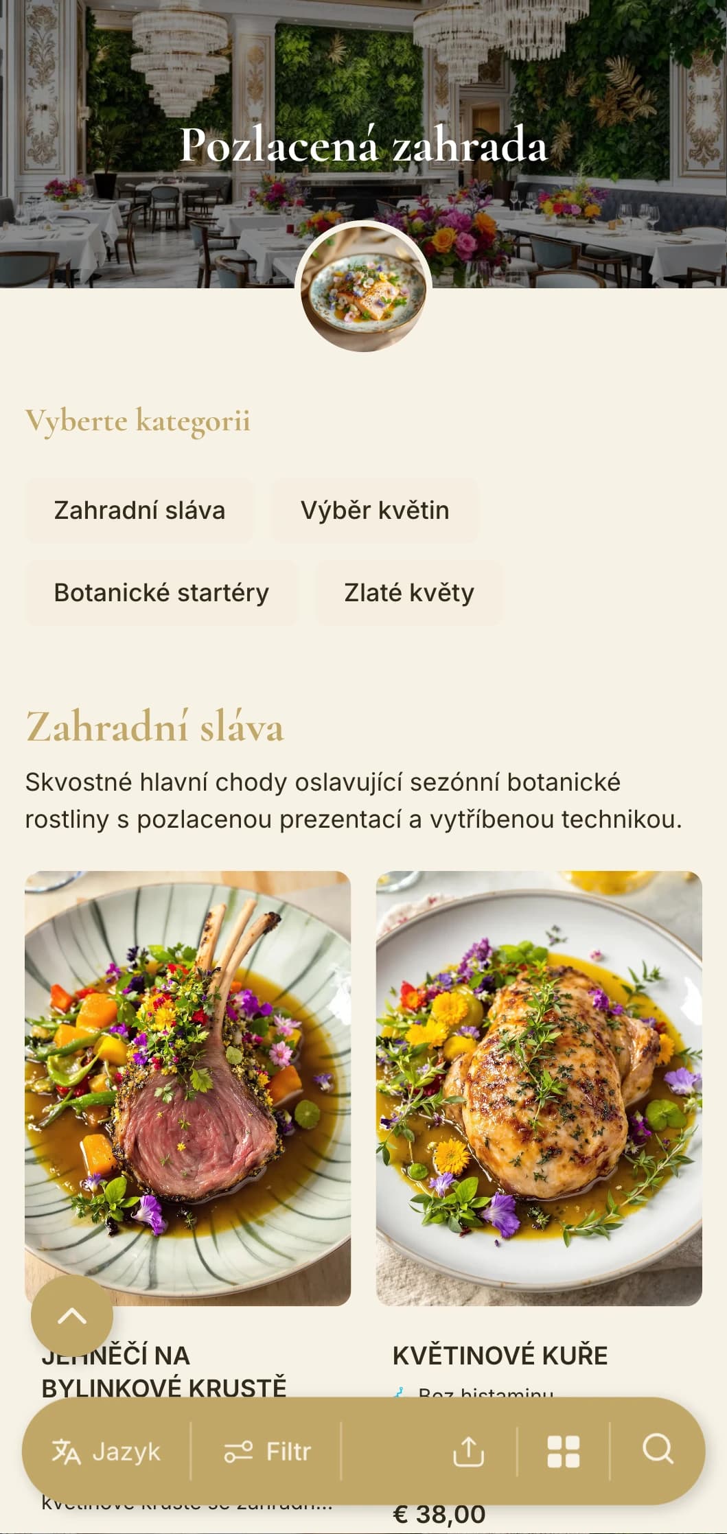 Opulentní botanický koncept kombinující svěží zeleň se zlatými akcenty a rafinovanými prvky inspirovanými zahradou.