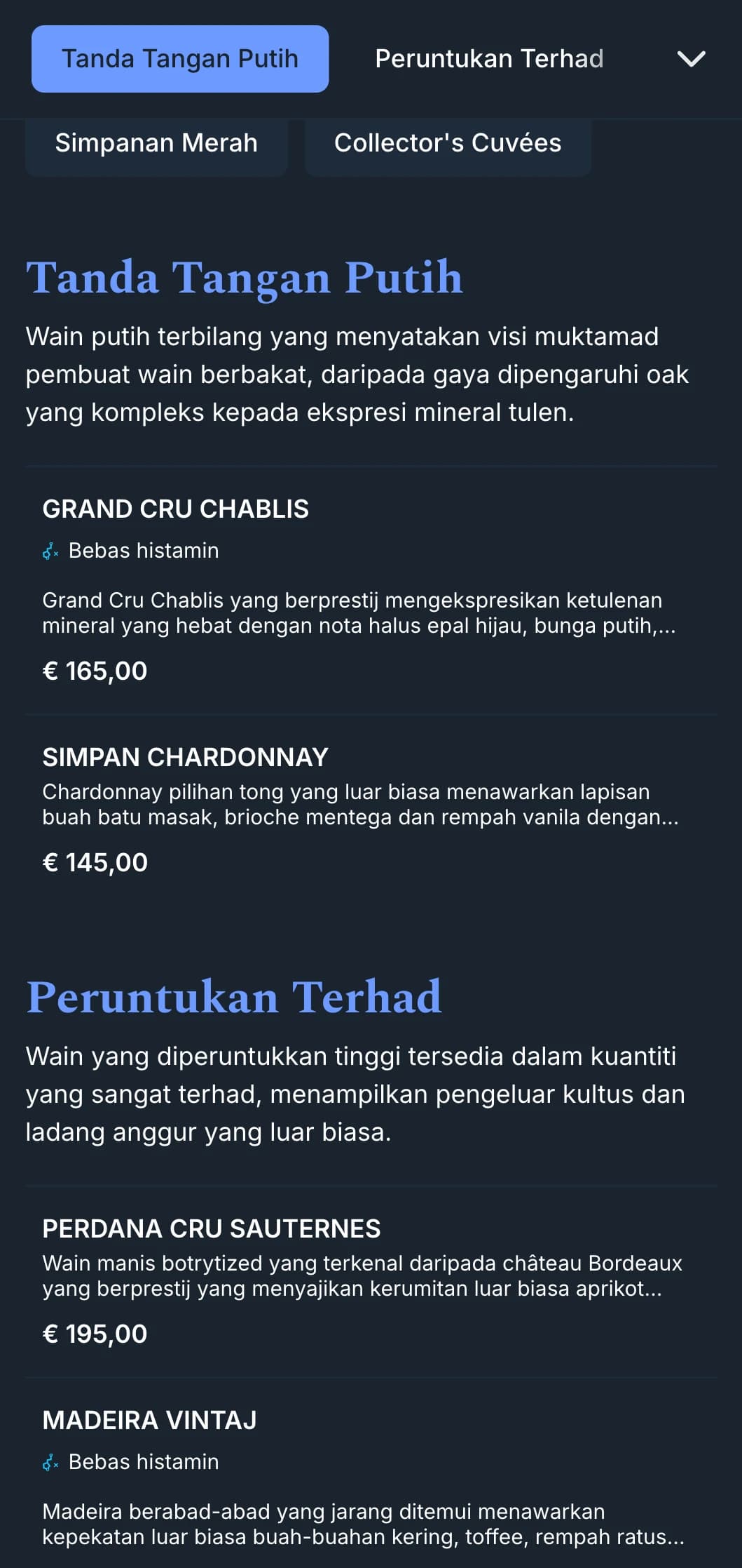 Templat senarai wain yang sangat canggih dengan aksen biru yang menarik dengan latar belakang tentera laut, sesuai untuk bar wain premium dan pertubuhan malam.