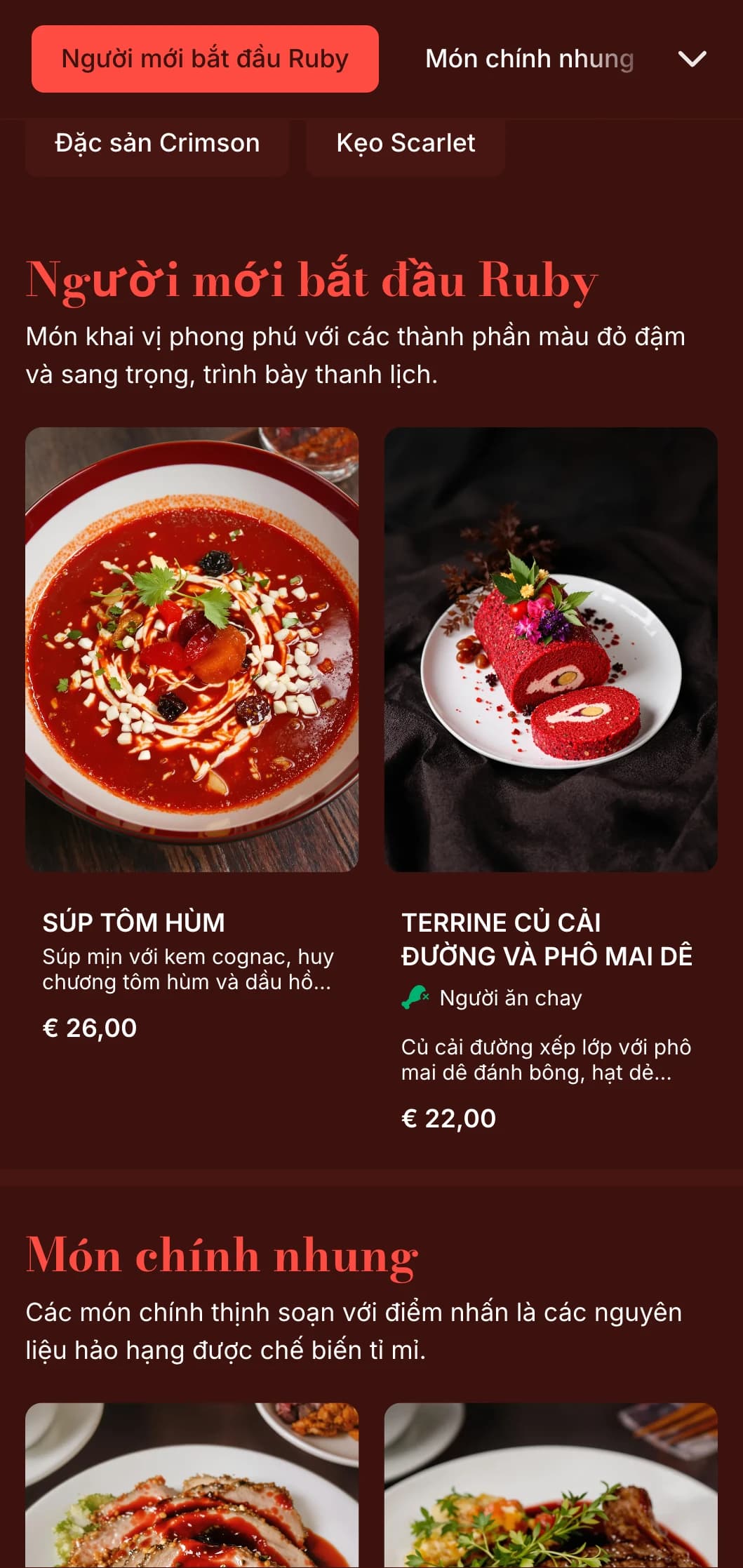 Thực đơn tối màu đỏ ruby đậm đà với kết cấu sang trọng và các yếu tố ấn tượng, được thiết kế cho những địa điểm ăn uống lãng mạn.