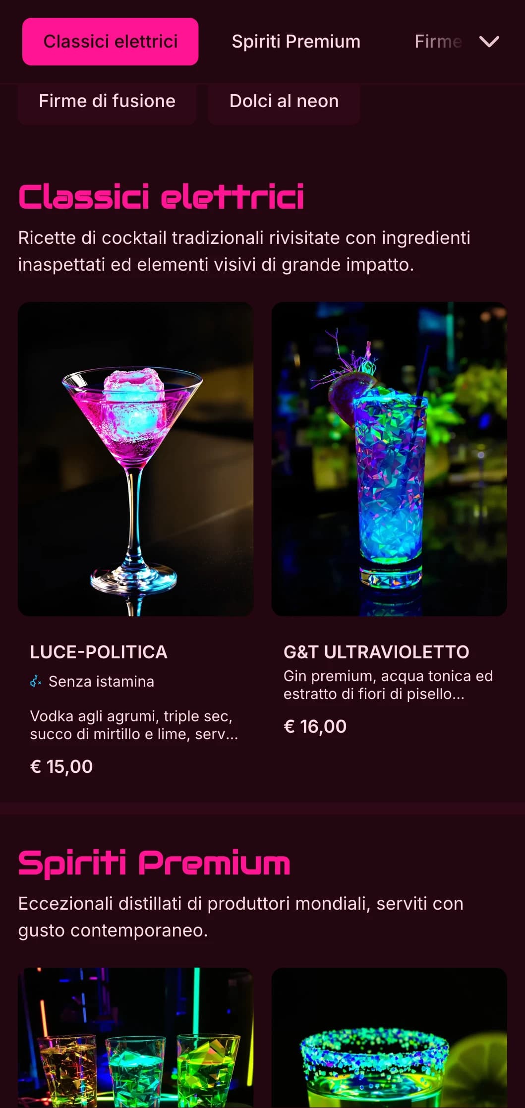 Un design audace e vibrante per cocktail bar e locali notturni contemporanei, caratterizzato da colori al neon e tipografia dinamica.