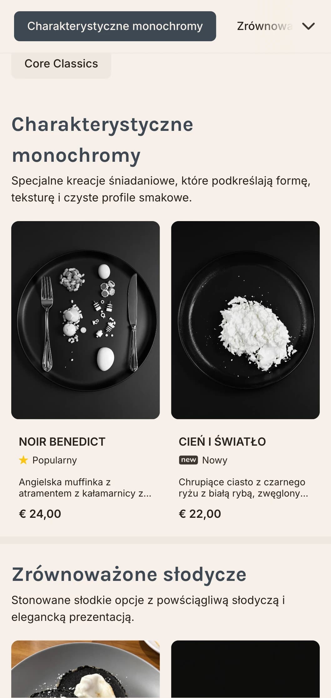 Eleganckie, stylowe opcje śniadaniowe prezentowane w uderzającej monochromatycznej palecie dla świadomych designu restauracji.