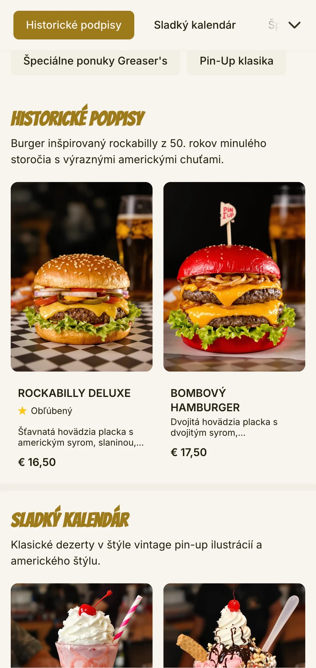 Burgerový podnik inšpirovaný rockovou hudbou s vintage pin-up umením a nostalgiou 50. rokov.