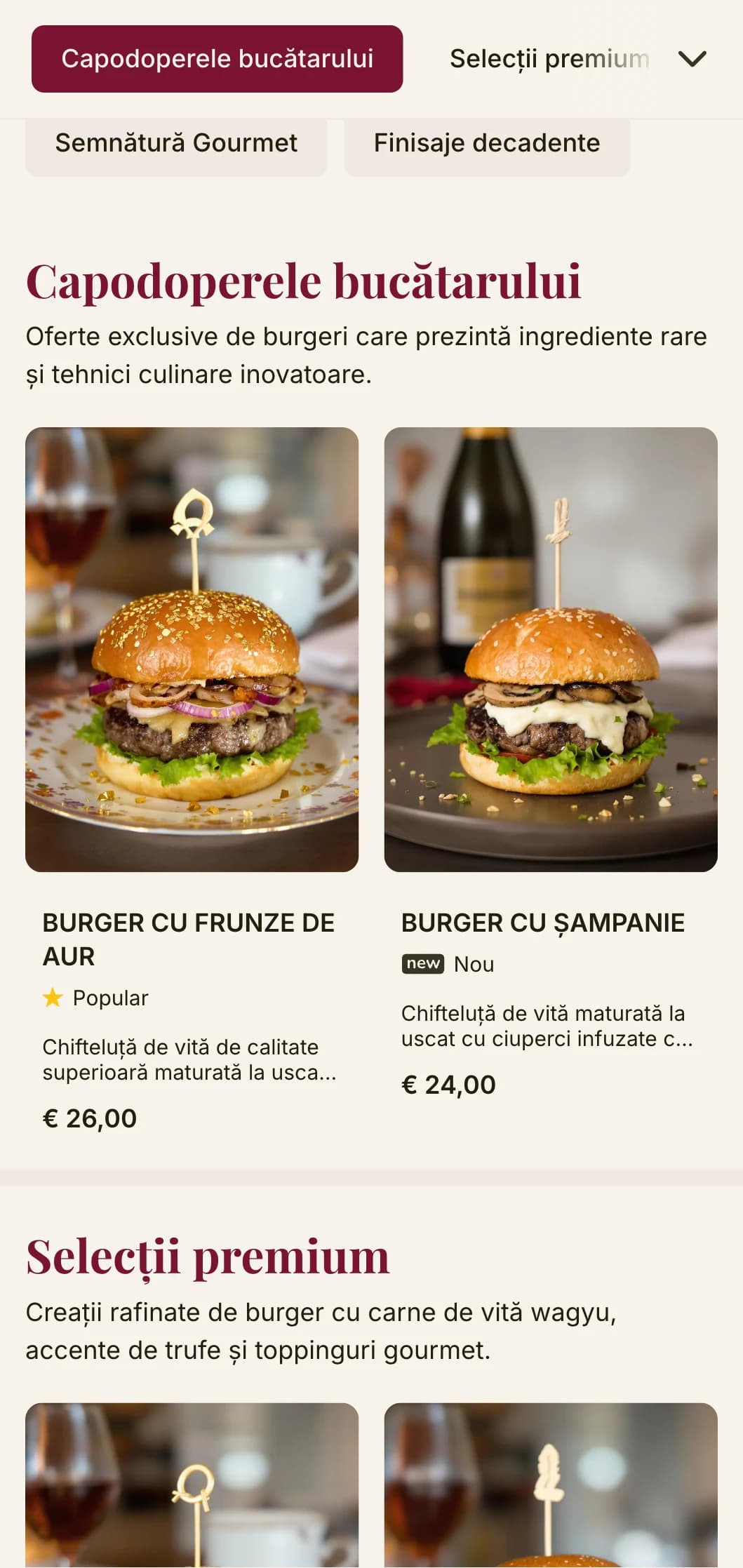 Gastronomie de burger elevată, cu tipografie premium și paletă de culori bogată pentru o experiență de burger de lux.