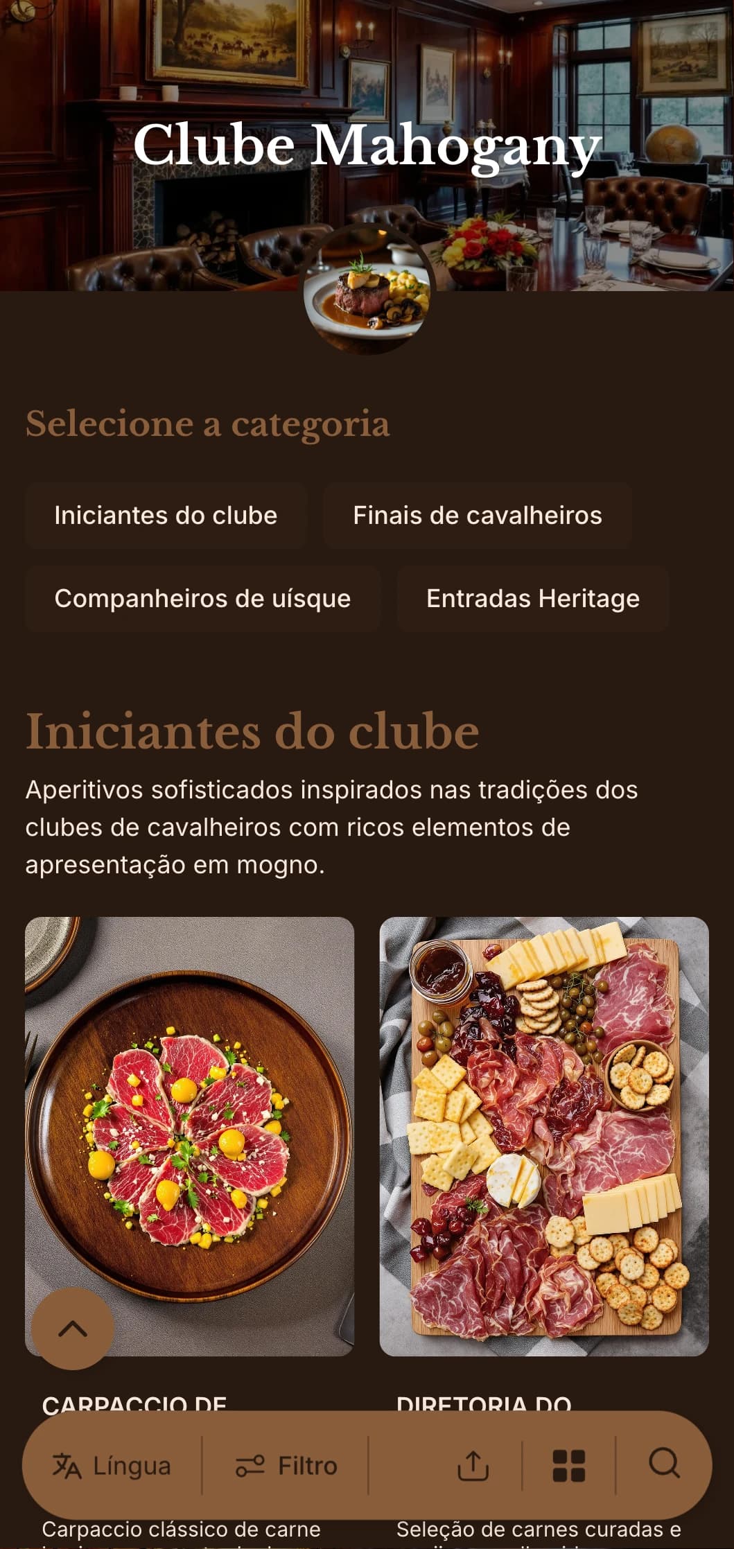 Conceito sofisticado inspirado em um clube de cavalheiros, com tons de madeira ricos e elementos de luxo tradicionais.
