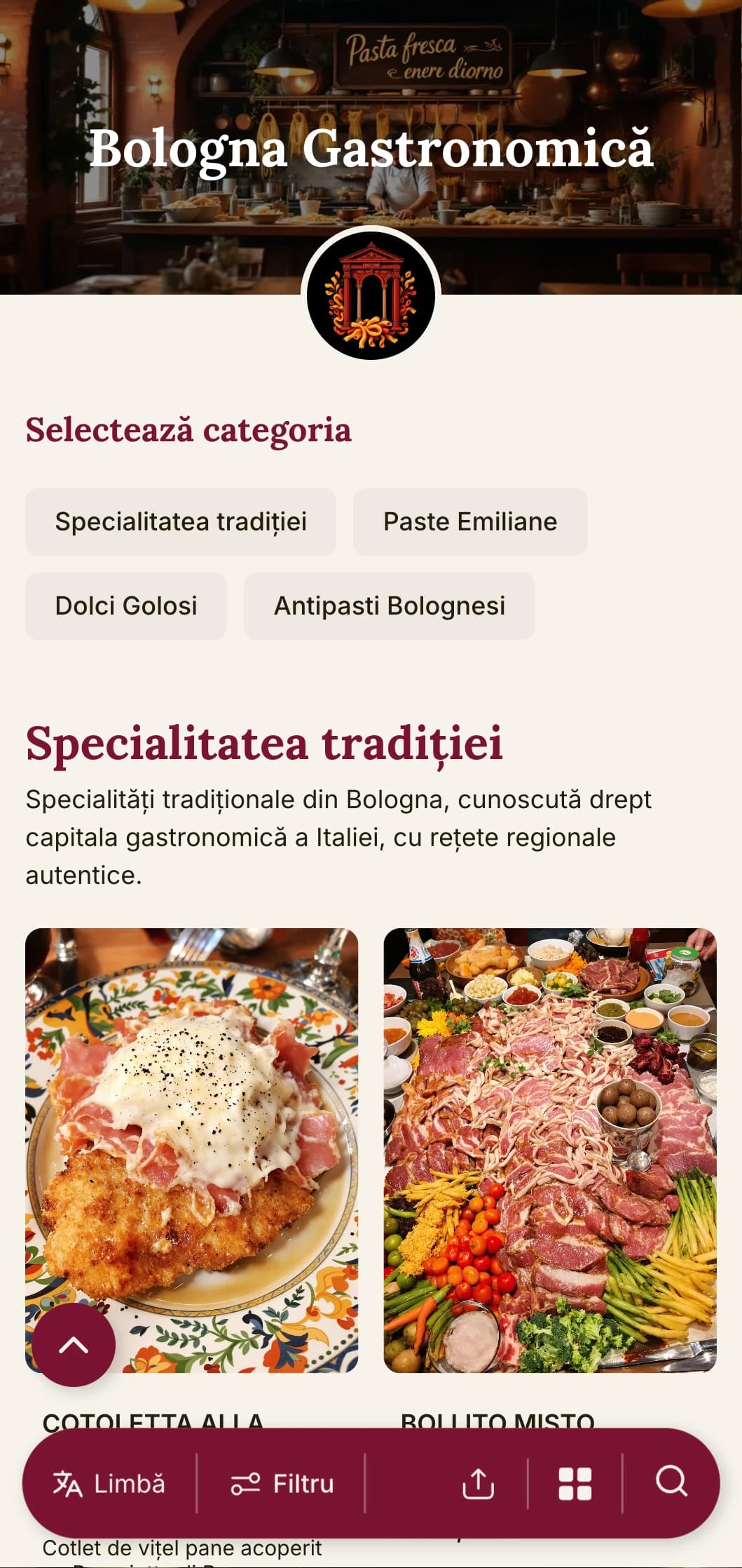 Design bogat și primitor, cu roșu intens și elemente tradiționale, care celebrează reputația orașului Bologna de capitală gastronomică a Italiei.