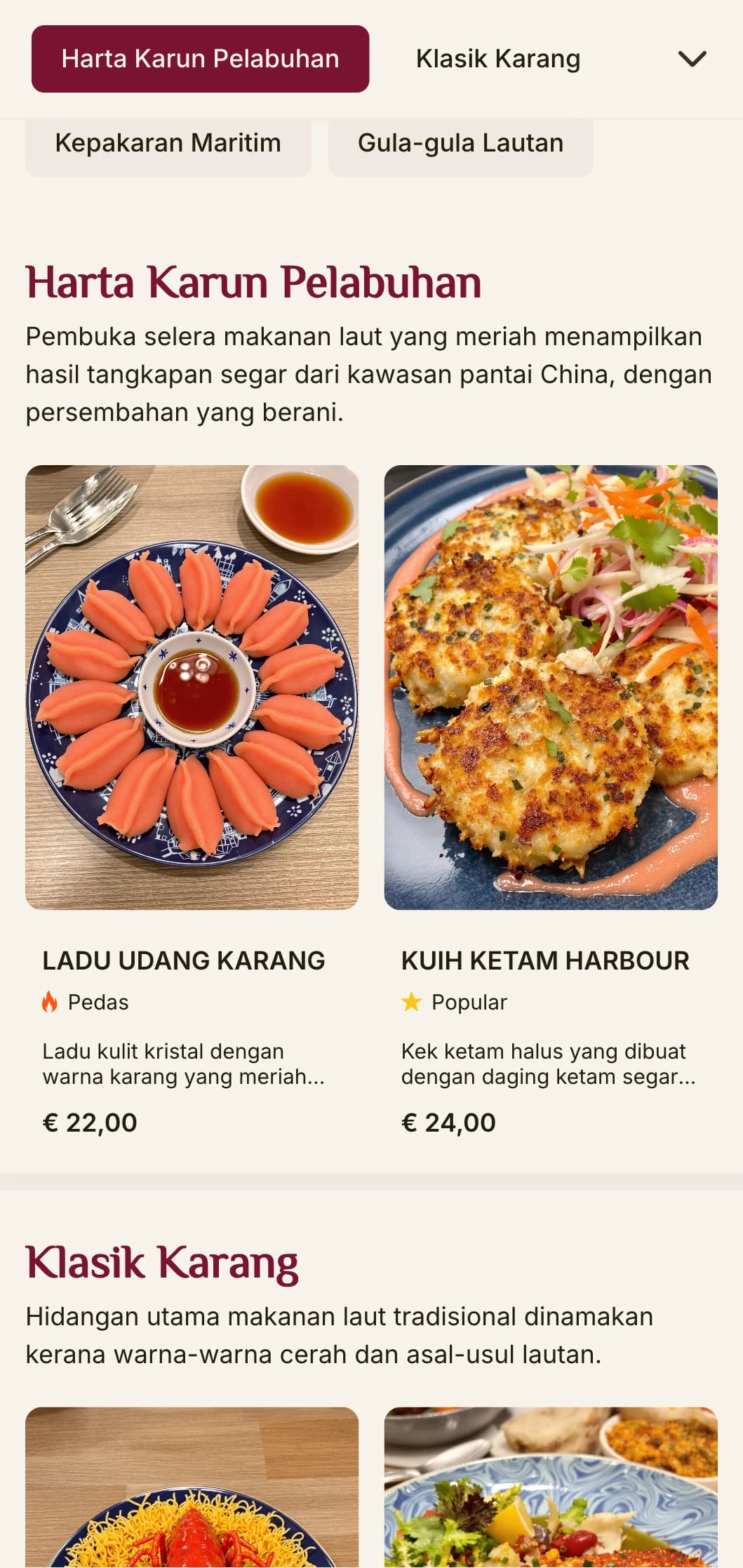Reka bentuk menu Cina yang bertenaga diilhamkan oleh estetika batu karang dan pelabuhan, dengan warna-warna berani untuk restoran makanan laut.