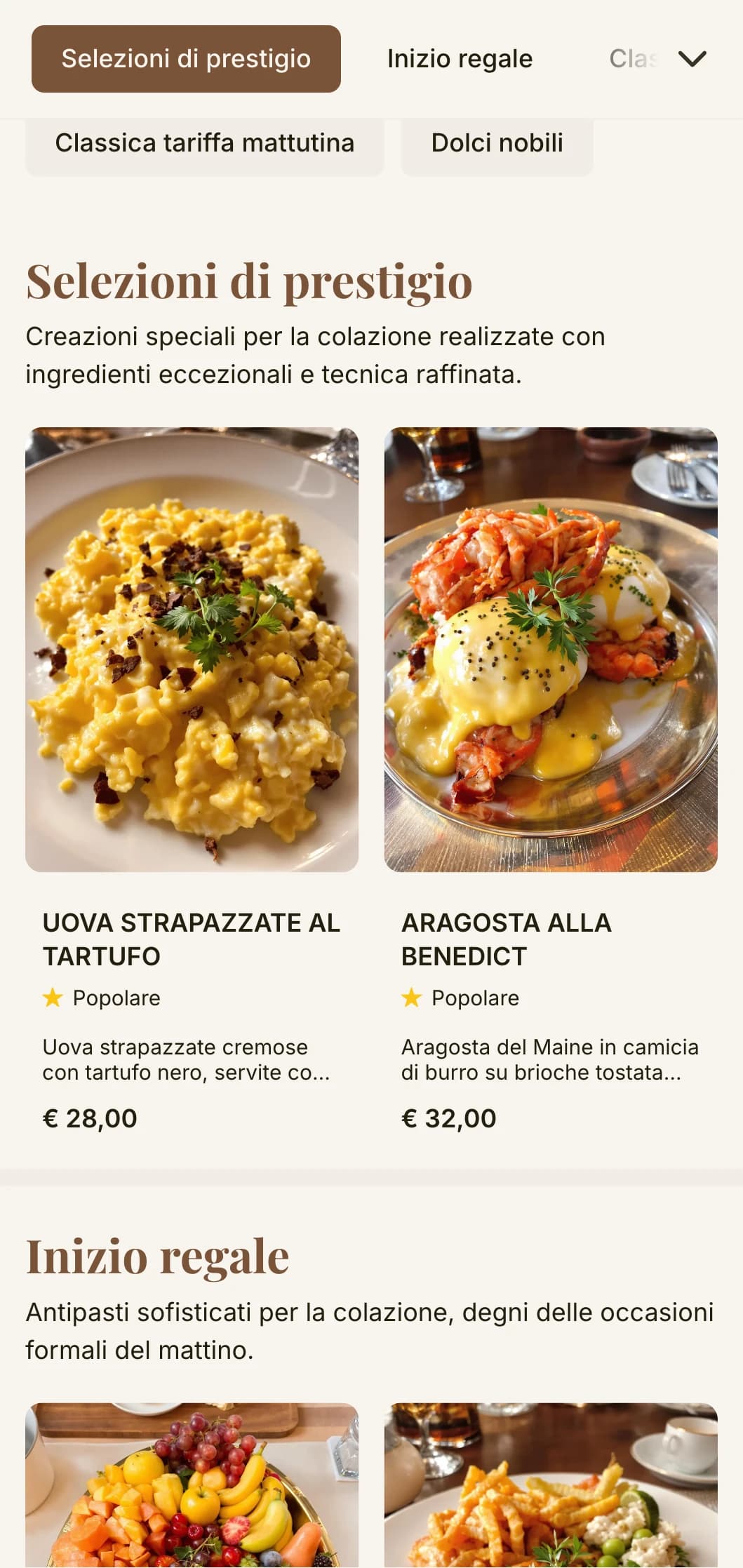 Un'esperienza di colazione sofisticata con ingredienti di prima qualità e un'elegante presentazione adatta ai reali.