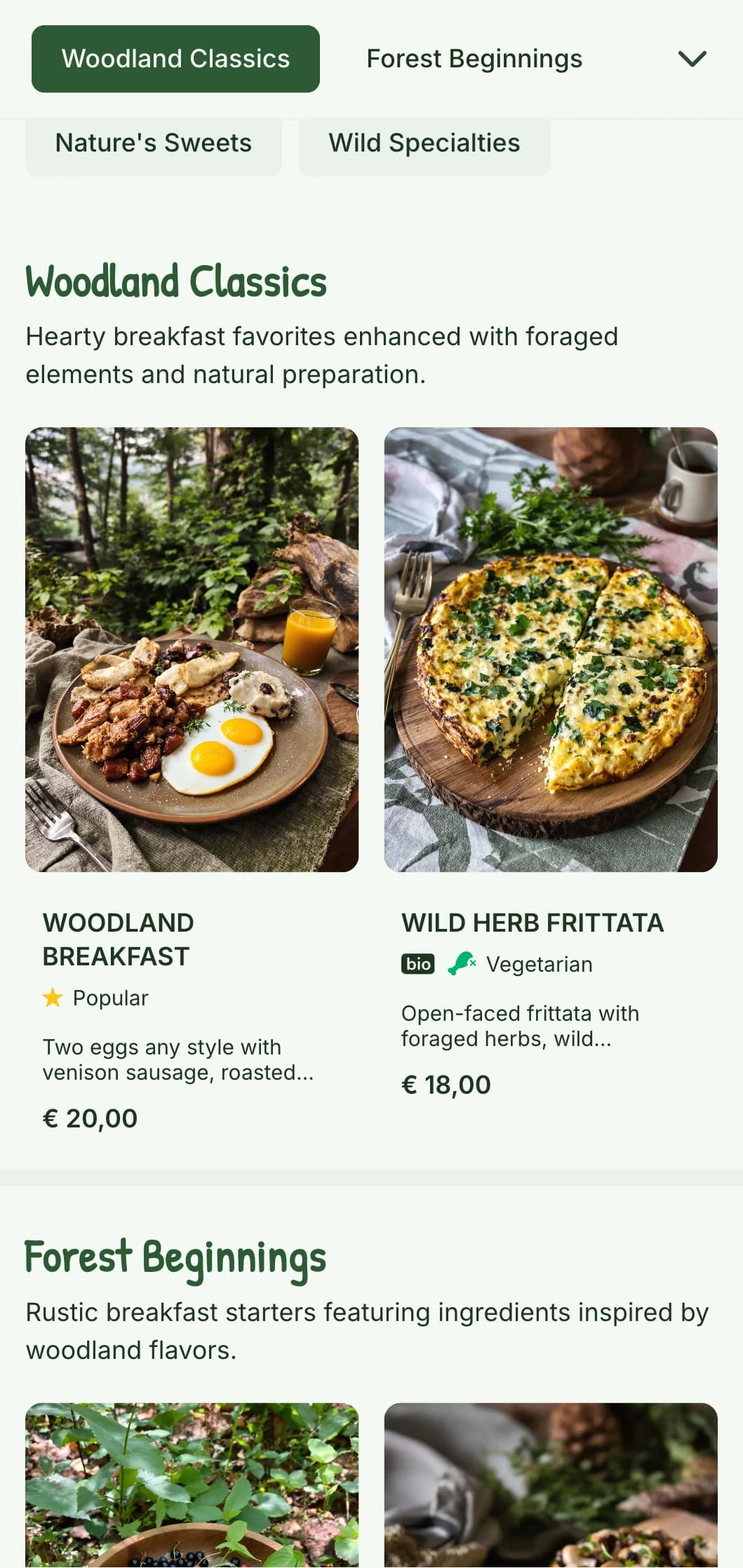 Rustic breakfast options featuring foraged elements and natural presentation inspired by woodland aesthetics.