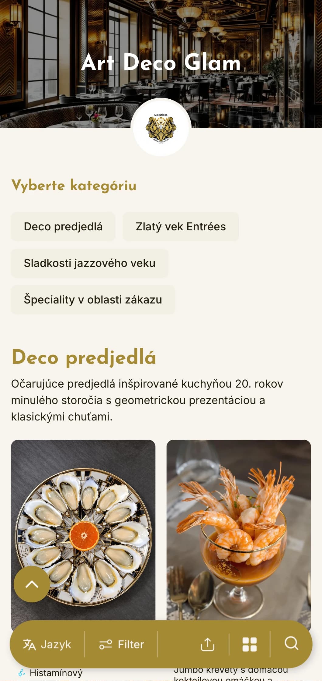 Očarujúce večerné menu inšpirované 20. rokmi minulého storočia s geometrickými vzormi a kovovými akcentmi, ideálne pre podniky s vintage atmosférou.