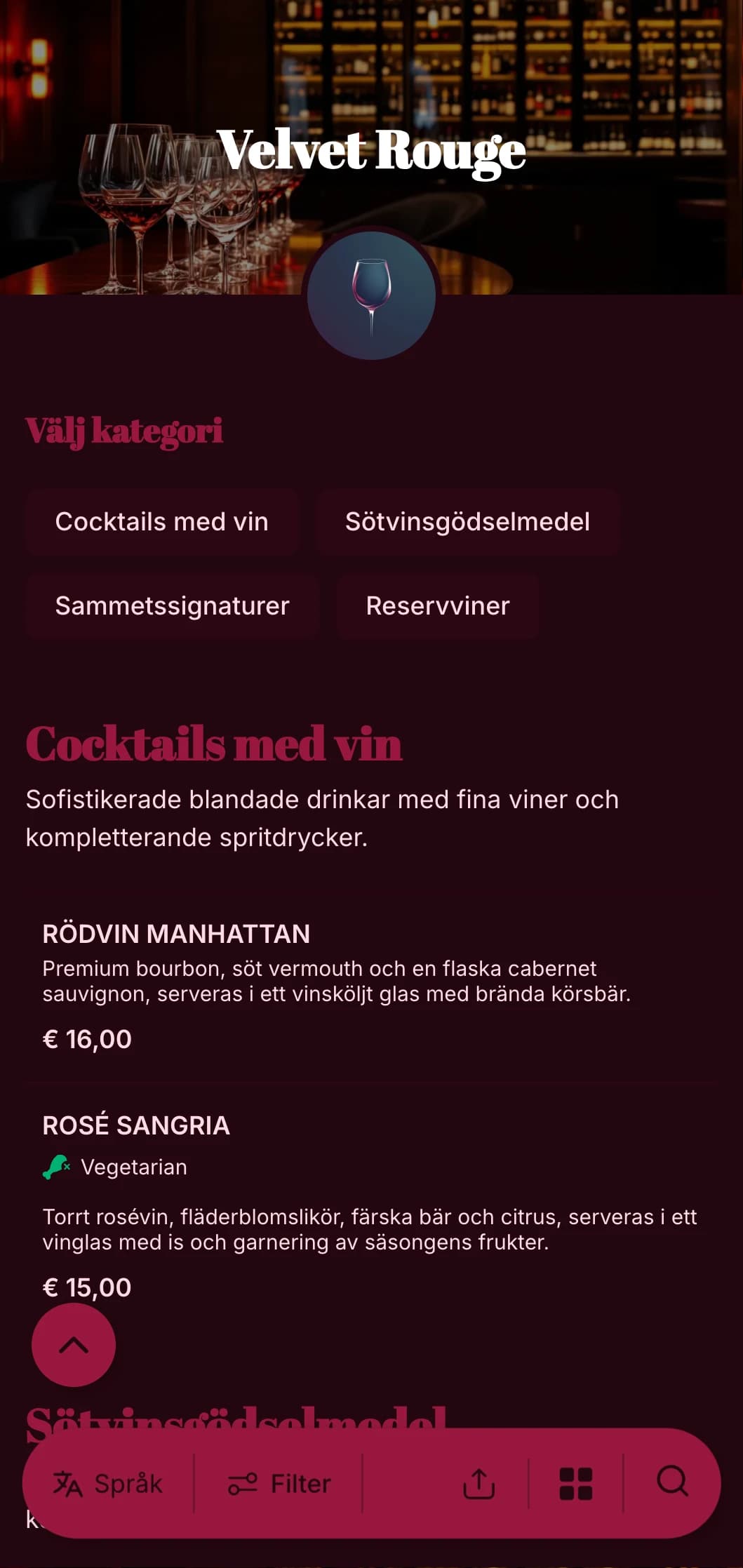 En lyxig, dramatisk design för exklusiva vinbarer och lounger med rika röda toner och djärv typografi.