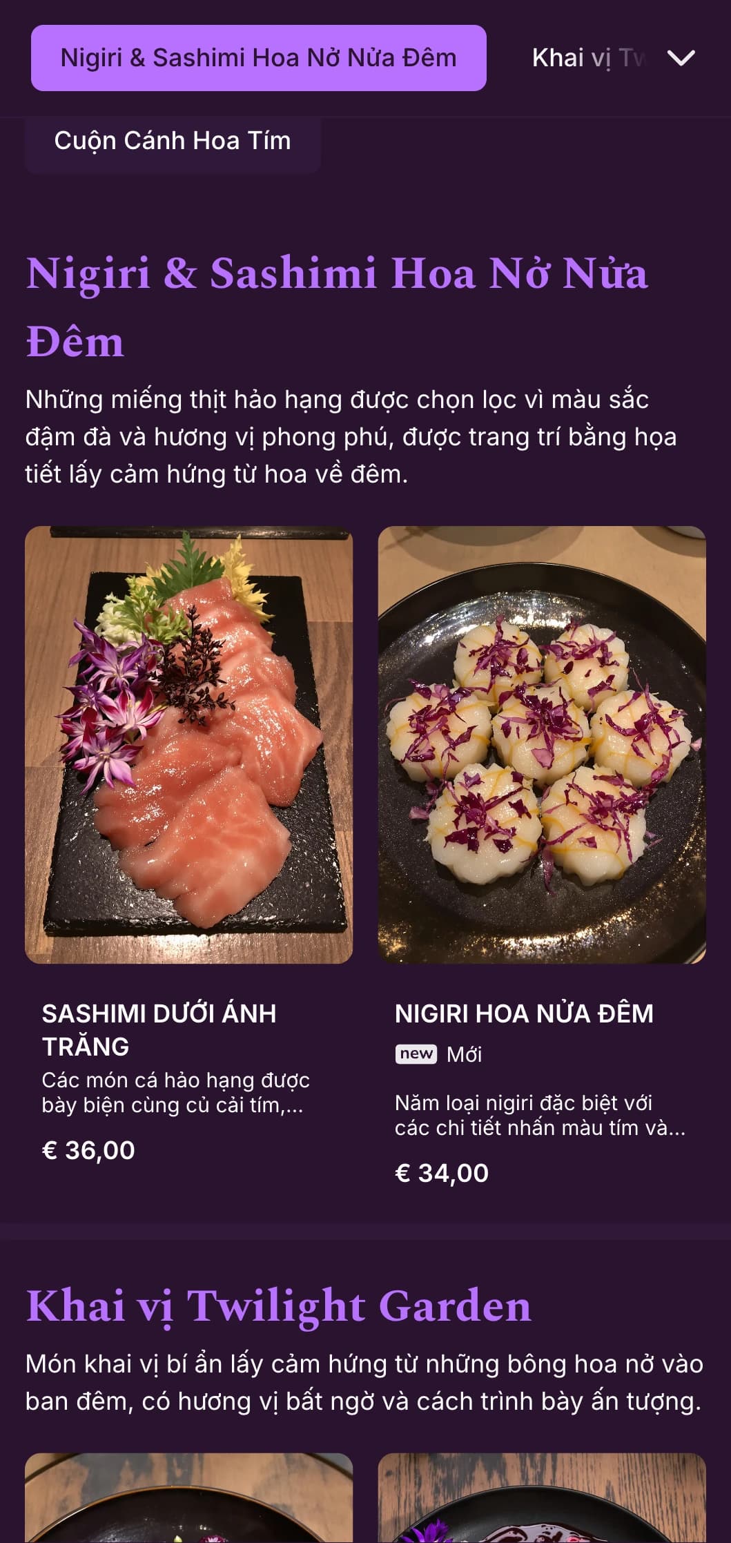 Trải nghiệm sushi buổi tối sang trọng với điểm nhấn màu tím đậm và họa tiết hoa ấn tượng.