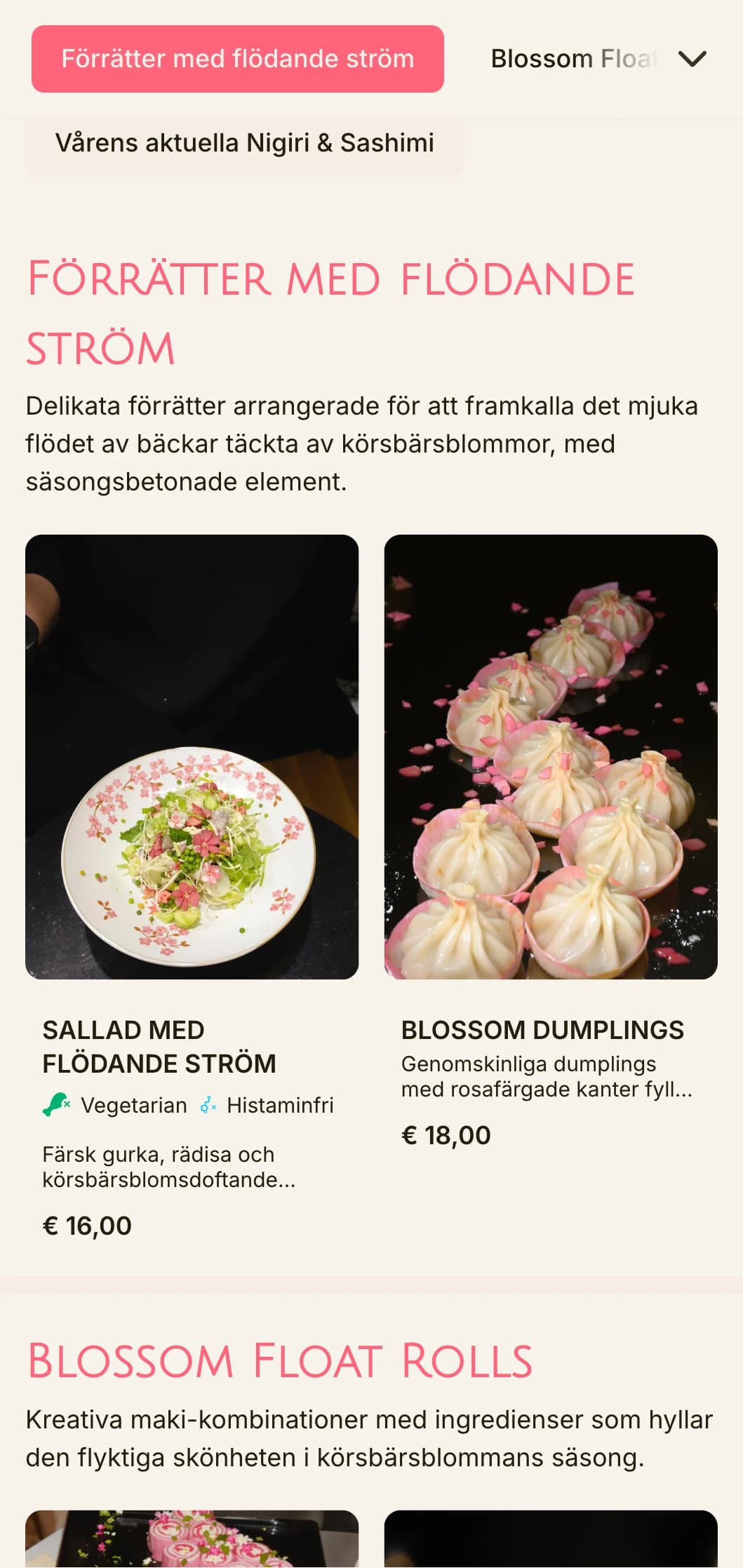Flödande körsbärsblomsinspirerad sushimeny med mjuka rosa accenter och naturliga element.