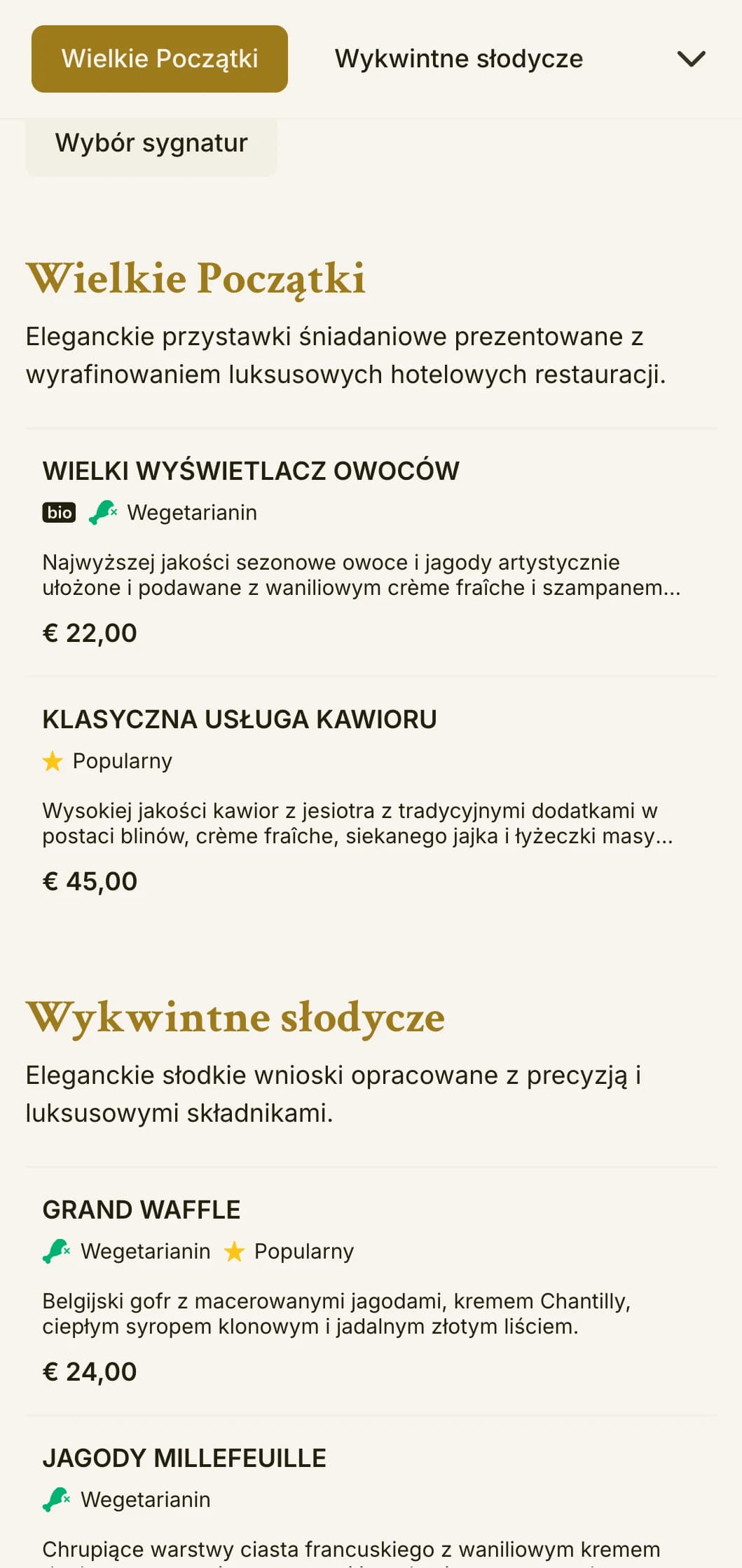 Wyrafinowana poranna kolacja z najwyższej jakości składnikami i elegancką prezentacją w tradycji wielkiego hotelu.
