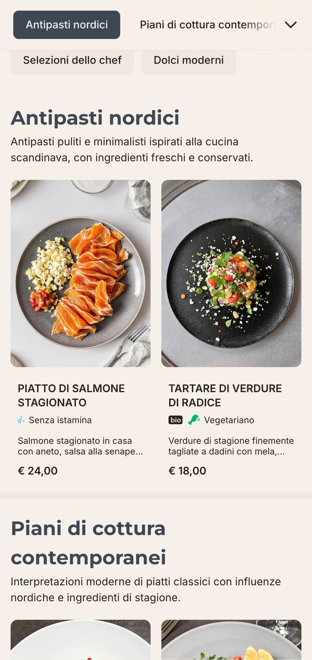 Un design pulito e minimalista per il menu della cena con influenze scandinave, caratterizzato da ampi spazi bianchi ed elementi geometrici, ideale per i ristoranti contemporanei.
