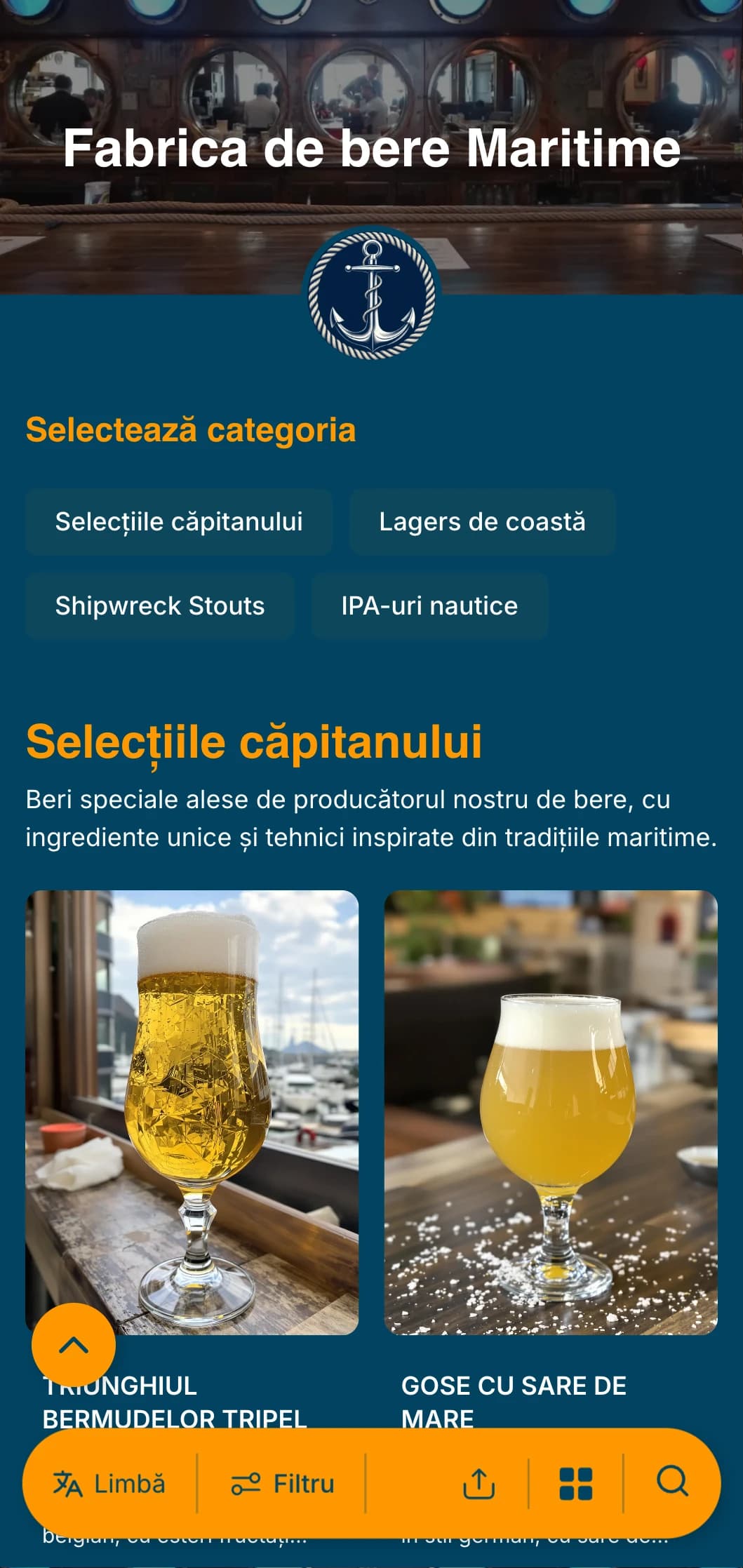 Șablon cu tematică nautică, cu tonuri de albastru naval și elemente marinărești, perfect pentru berăriile de coastă și pub-urile portuare.