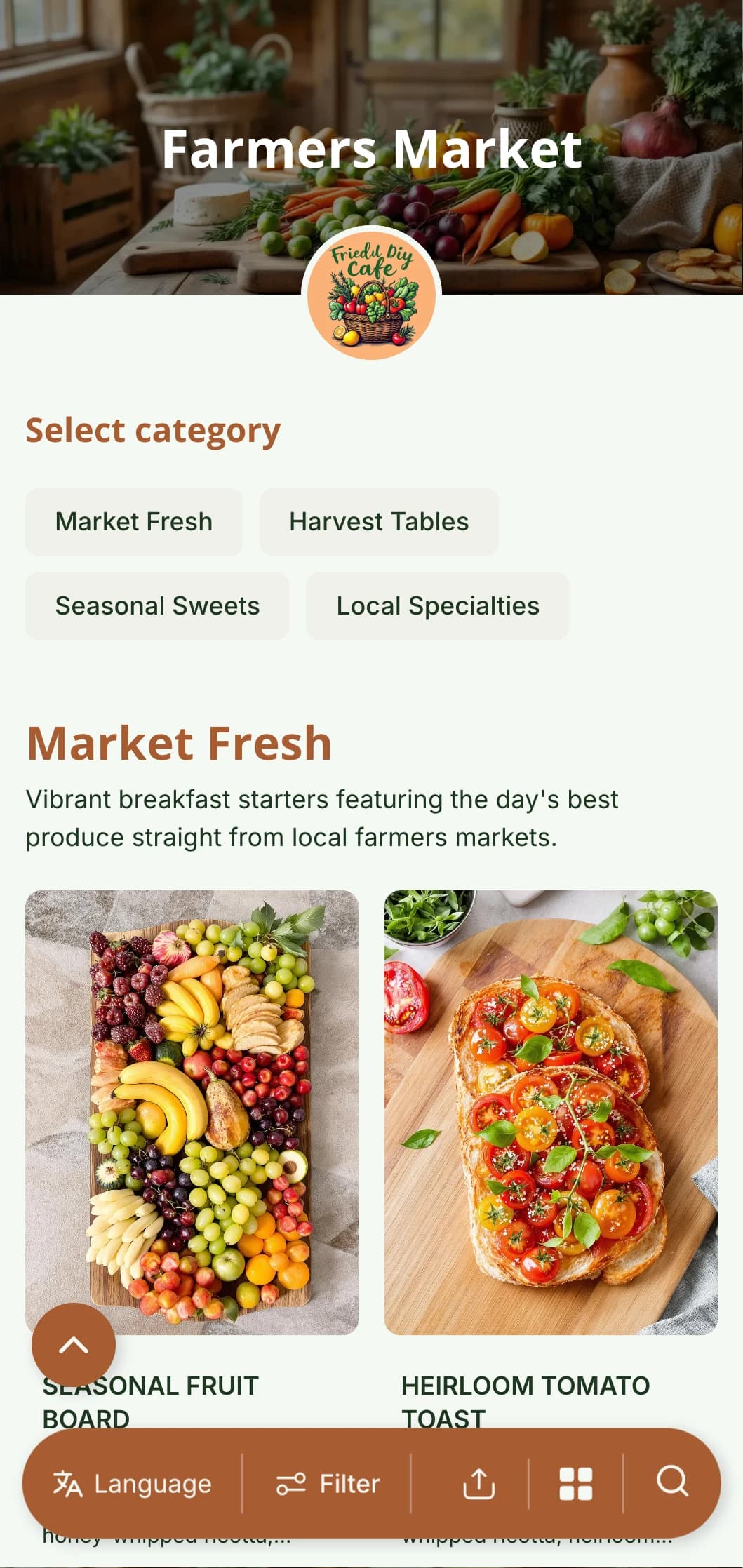 Fresh, seasonal brunch template with rustic elements, perfect for farm-to-table cafés featuring local produce.