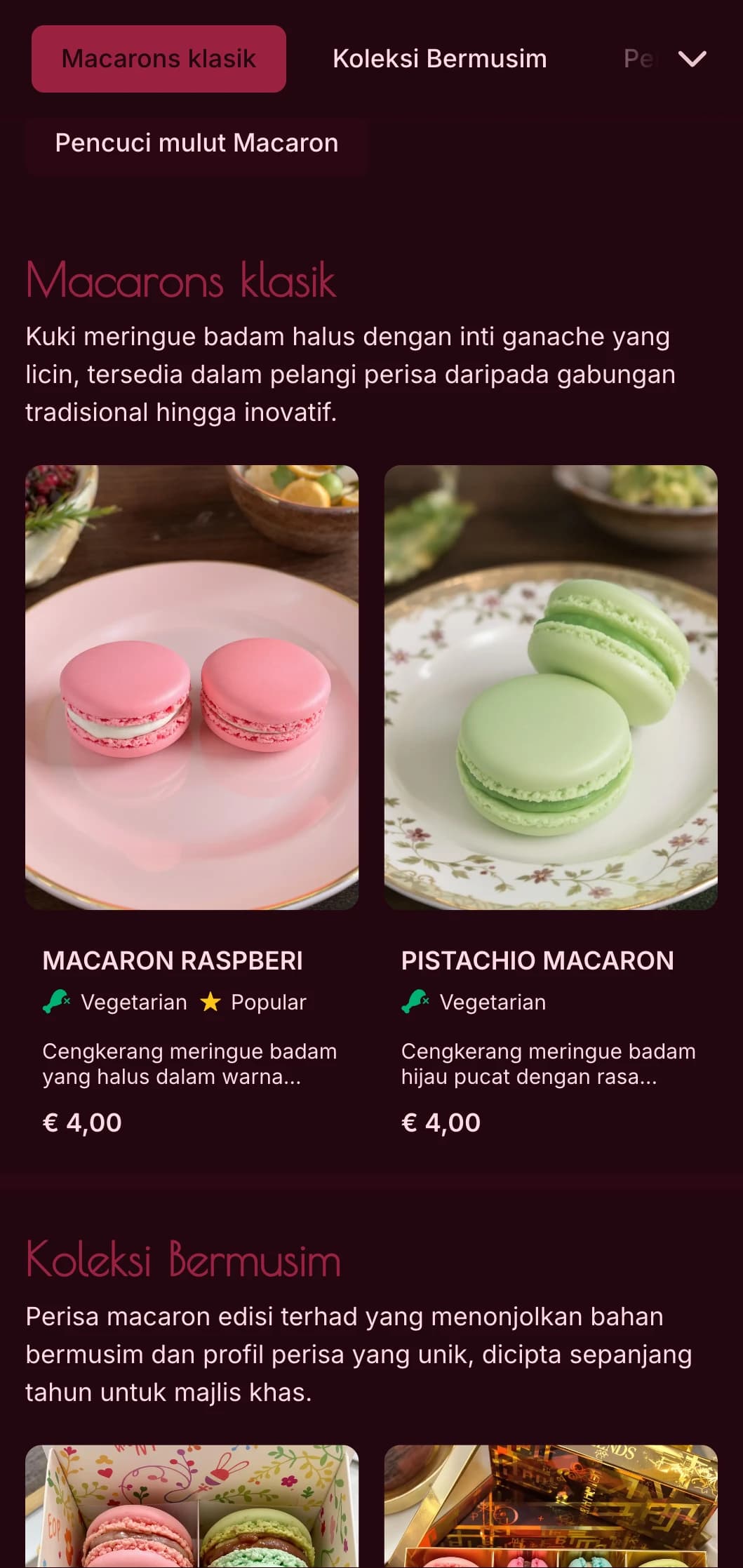 Reka bentuk menu bakeri yang berwarna-warni dan tertumpu pada kemewahan dengan rona merah jambu yang kaya dan tipografi yang elegan, sesuai untuk pakar macaron dan butik pencuci mulut mewah.