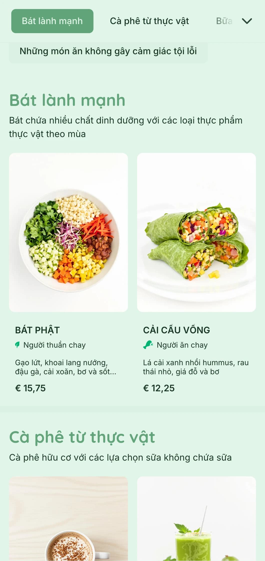 Thiết kế xanh tươi làm nổi bật các sản phẩm có nguồn gốc thực vật dành cho quán cà phê thuần chay và các điểm bán thực phẩm tốt cho sức khỏe.