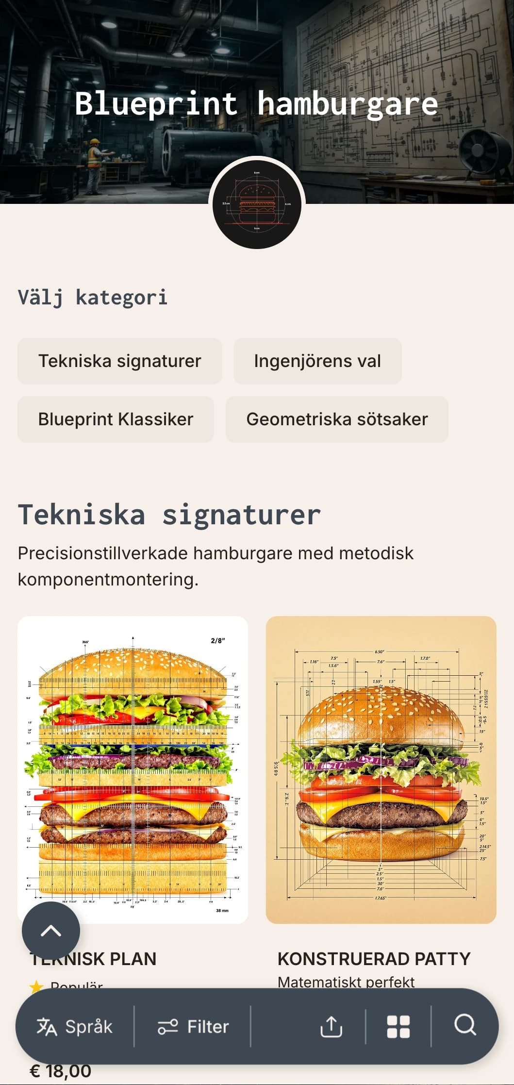 Teknisk ritning inspirerad av hamburgerkoncept med precision och arkitektoniska element.