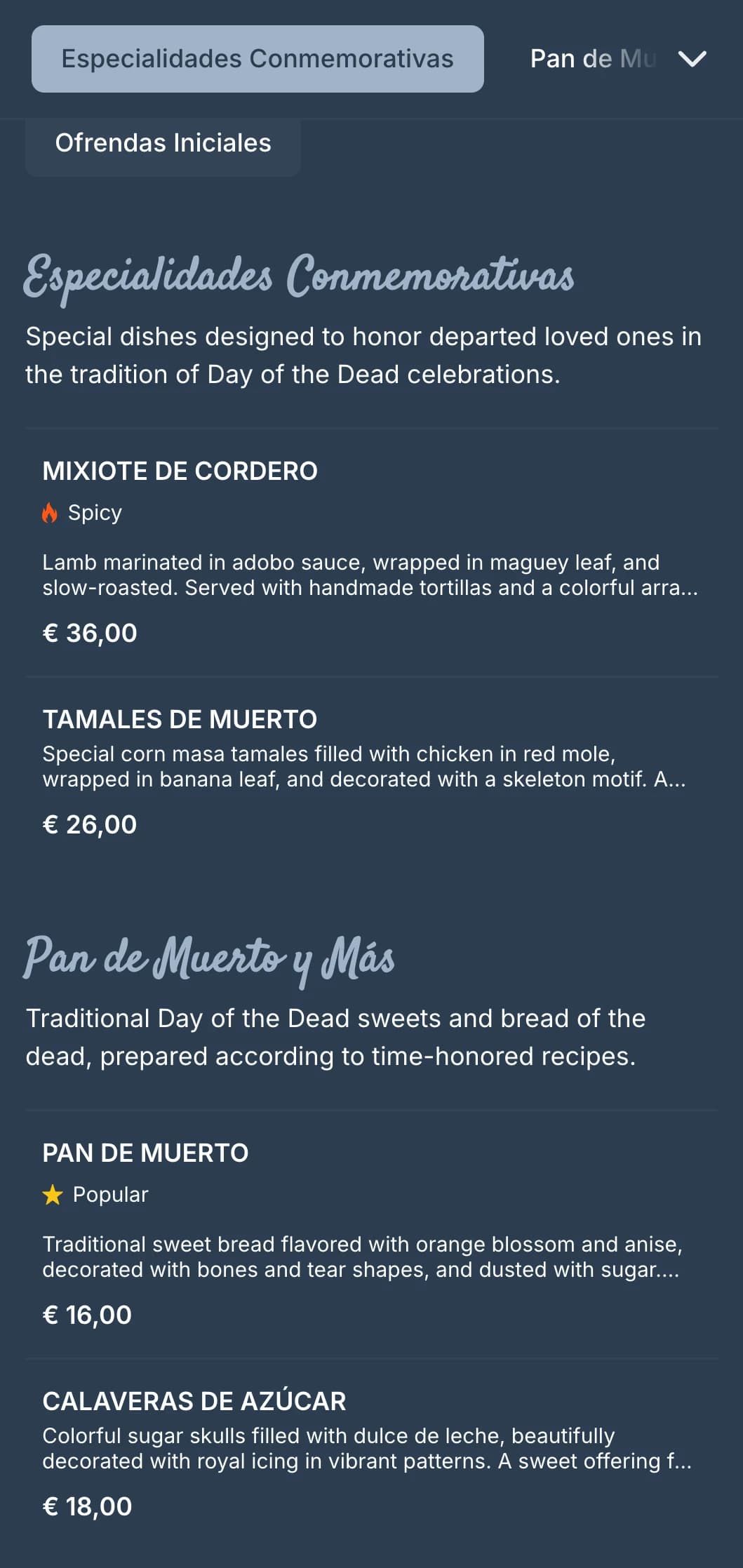 Artistic and celebratory Day of the Dead themed menu featuring rich blue-gray tones, sugar skull motifs, and special seasonal offerings.