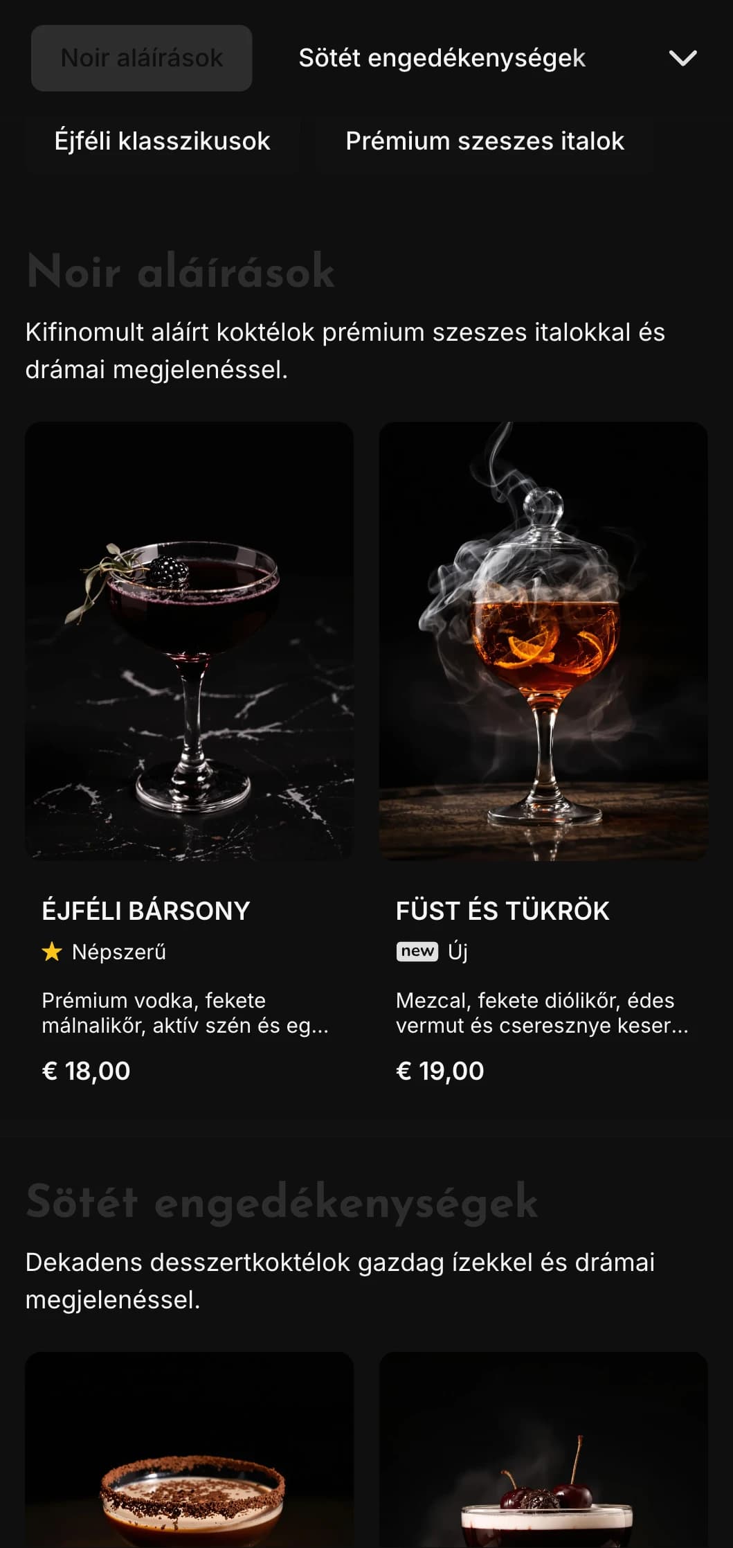 Elegáns, sötét design kortárs koktélbárok és éjszakai klubok számára, nagy kontrasztú elemekkel és merész tipográfiával.