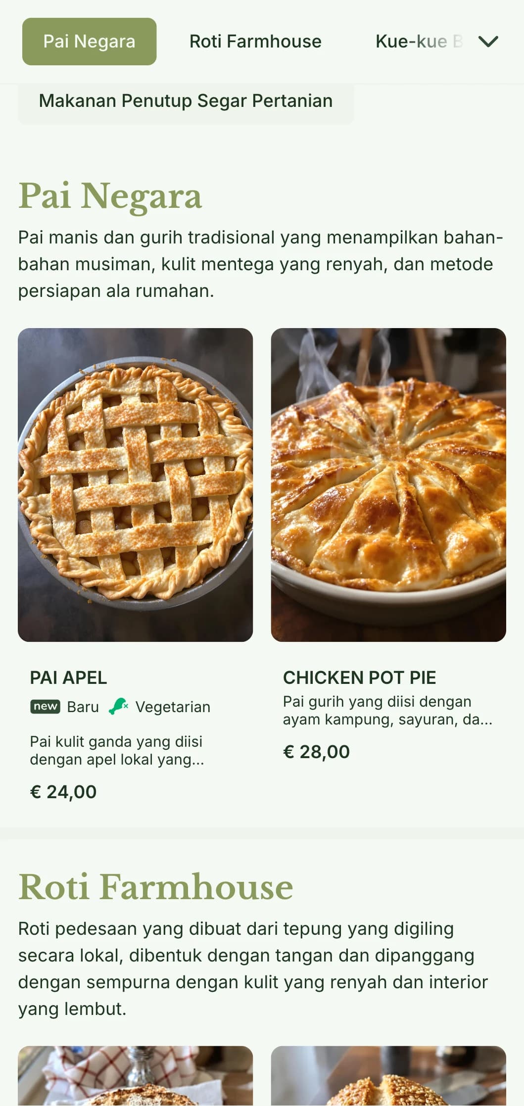 Desain menu toko roti pedesaan yang nyaman dengan warna hijau yang hangat dan tipografi tradisional, cocok untuk toko roti rumahan dan toko-toko bergaya rumahan.