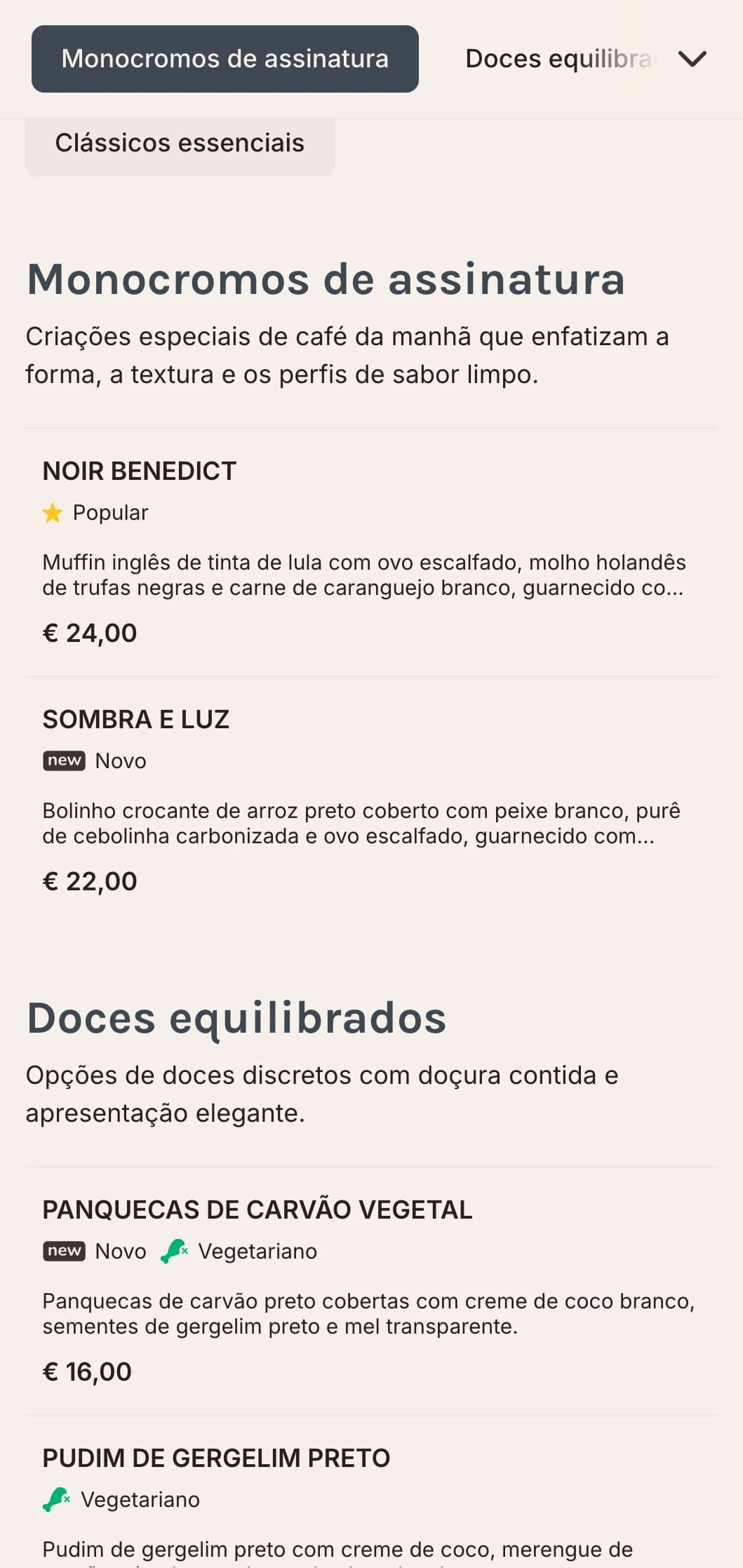 Opções de café da manhã elegantes e estilosas apresentadas em uma paleta monocromática impressionante para o cliente que se preocupa com o design.