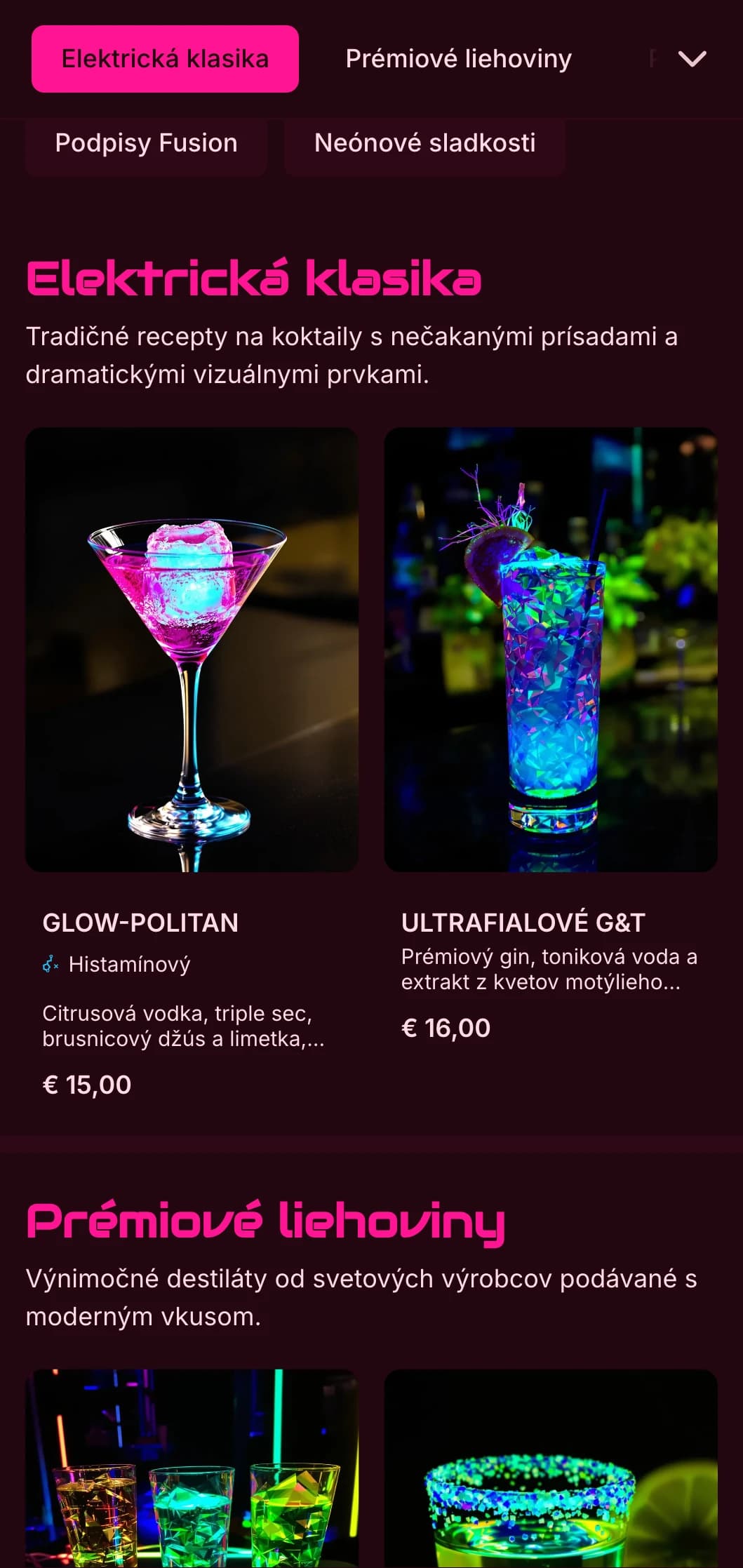 Odvážny, živý dizajn pre moderné koktailové bary a nočné kluby s neónovými farbami a dynamickou typografiou.