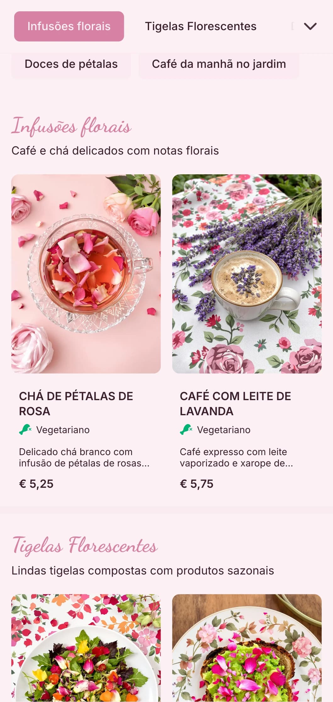 Design romântico em rosa com elementos florais para salões de chá em jardins e cafés femininos.