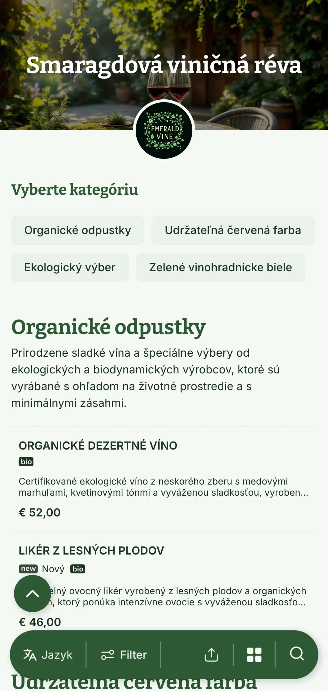 Svieža šablóna vínneho lístka so zelenou tematikou s botanickými prvkami a prírodnými textúrami, ideálna pre výber organických vín a záhradné reštaurácie.