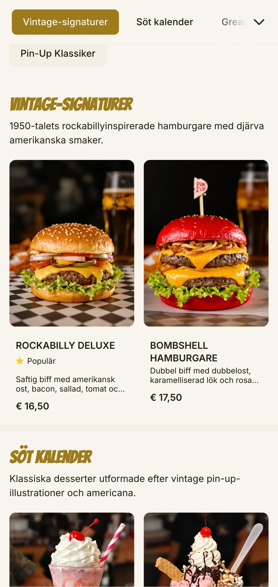 Rockabilly-inspirerad hamburgerrestaurang med vintage pin-up-konst och 1950-talsnostalgi.