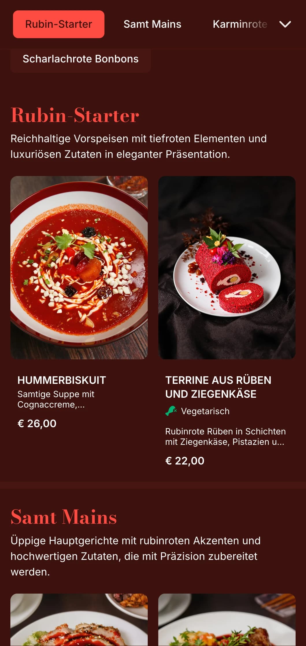 Ein reichhaltiges, rubinrotes Abendmenü mit plüschigen Texturen und dramatischen Elementen, das für romantische Essensorte konzipiert wurde.