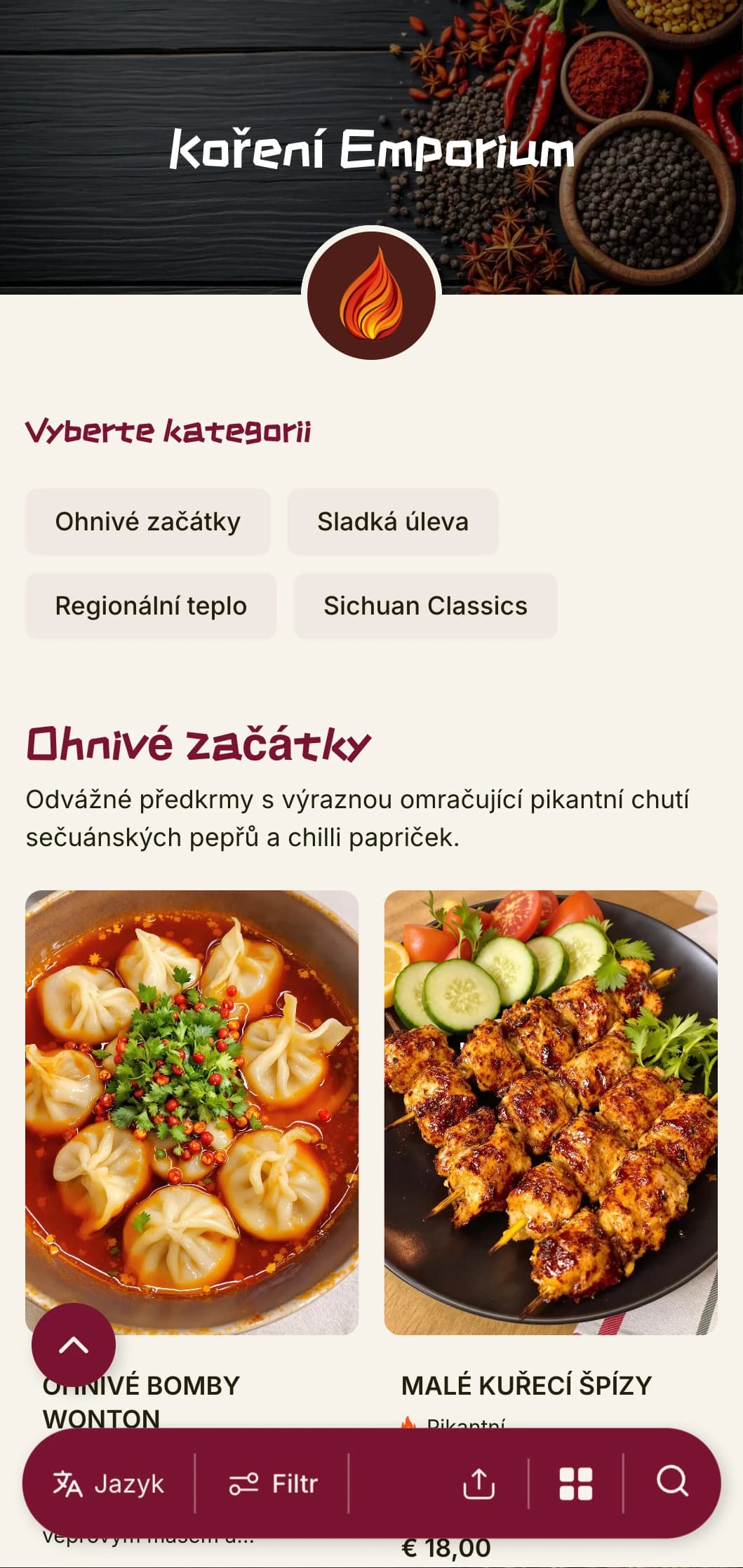 Živý design čínského menu inspirovaný tradicemi koření v Sečuánu a Hunanu s výraznými barvami pro autentickou regionální kuchyni.