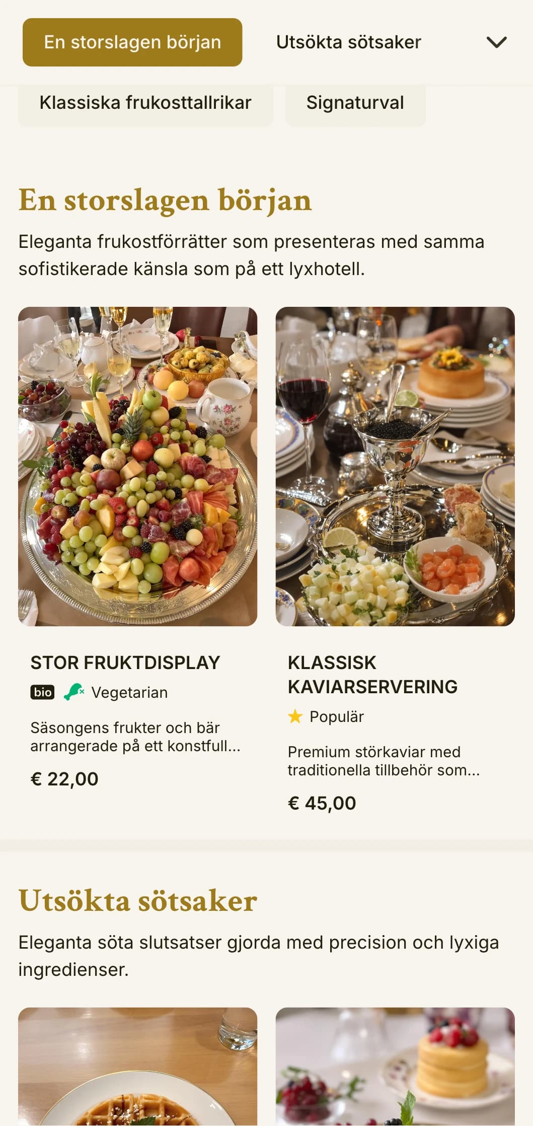 Sofistikerad morgonmiddag med förstklassiga råvaror och elegant presentation enligt Grand Hotels tradition.