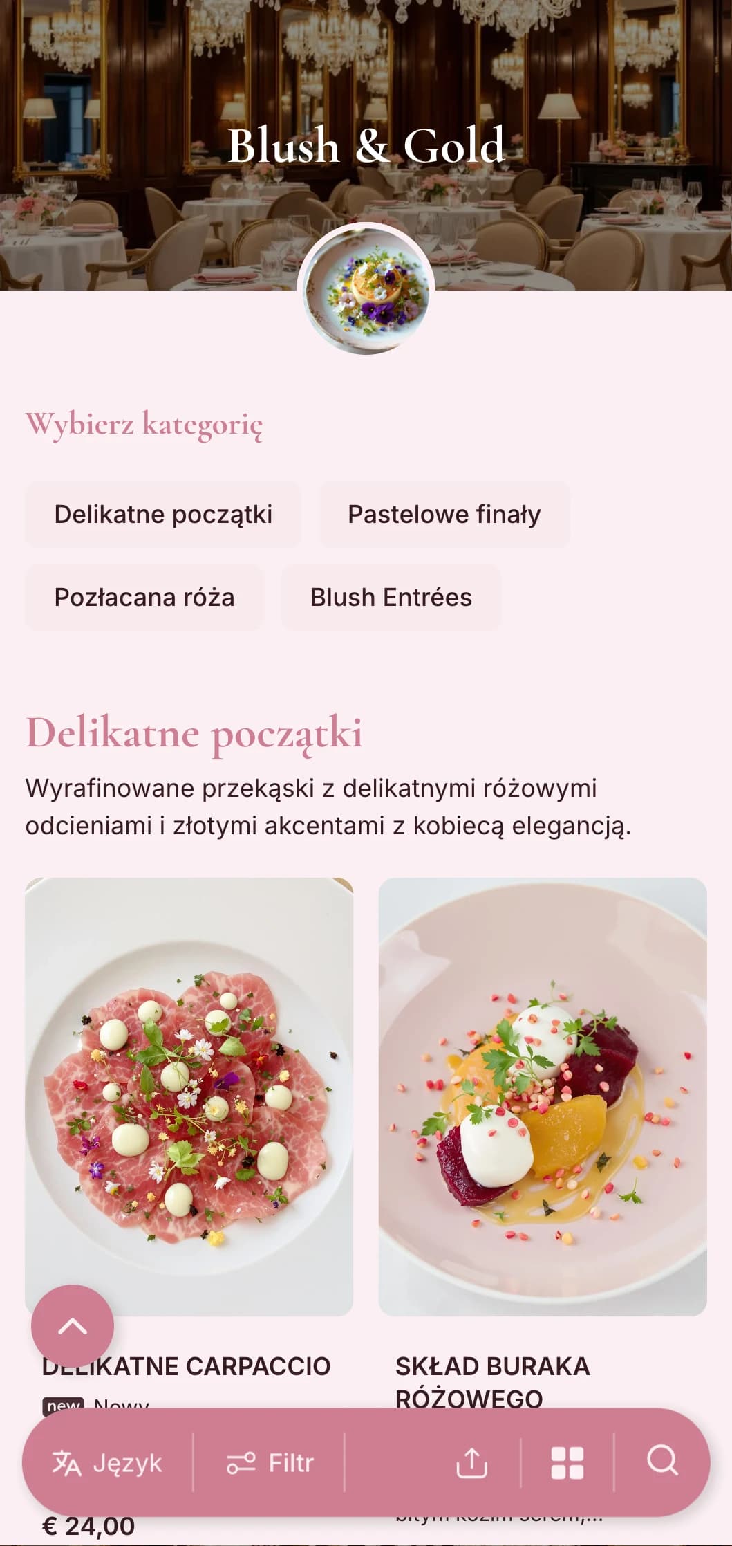 Wyrafinowana kobieca koncepcja z delikatnymi różowymi odcieniami z eleganckimi złotymi akcentami zapewnia delikatny luksus.