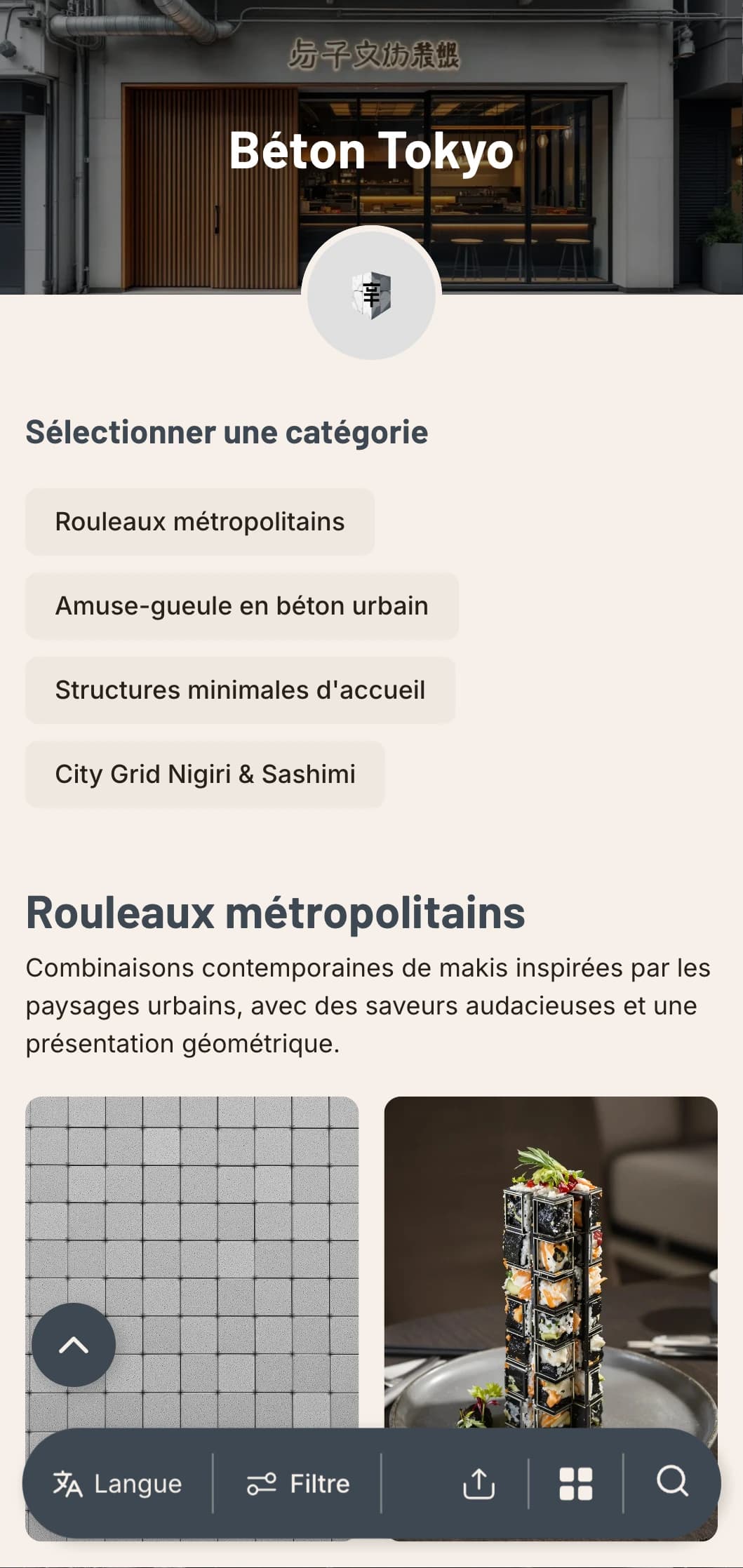 Carte de sushis industrielle et urbaine avec des tons gris concrets et un design minimaliste pour les lieux urbains contemporains.