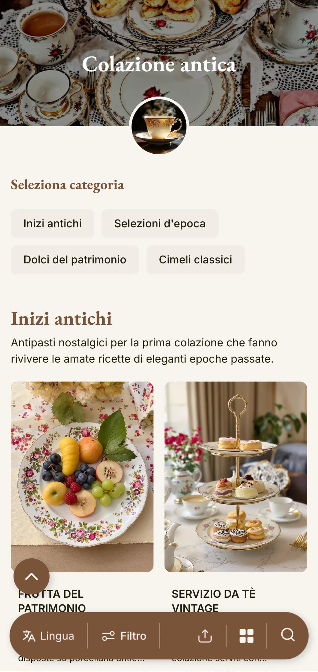 Selezioni mattutine nostalgiche ispirate a ricette di famiglia, presentate con fascino vintage ed eleganza classica.