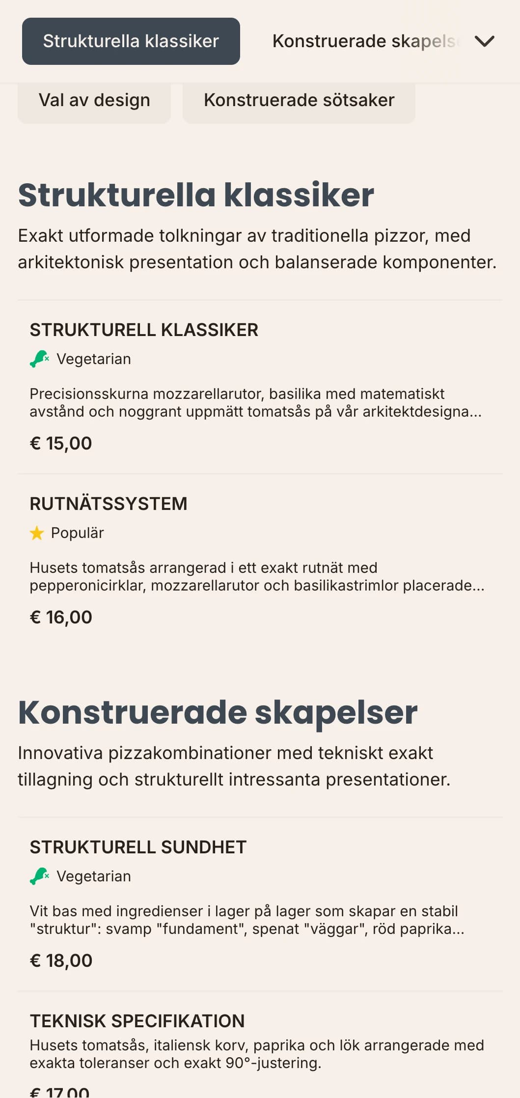 Arkitekturinspirerad pizzameny med exakta layouter och teknisk estetik.
