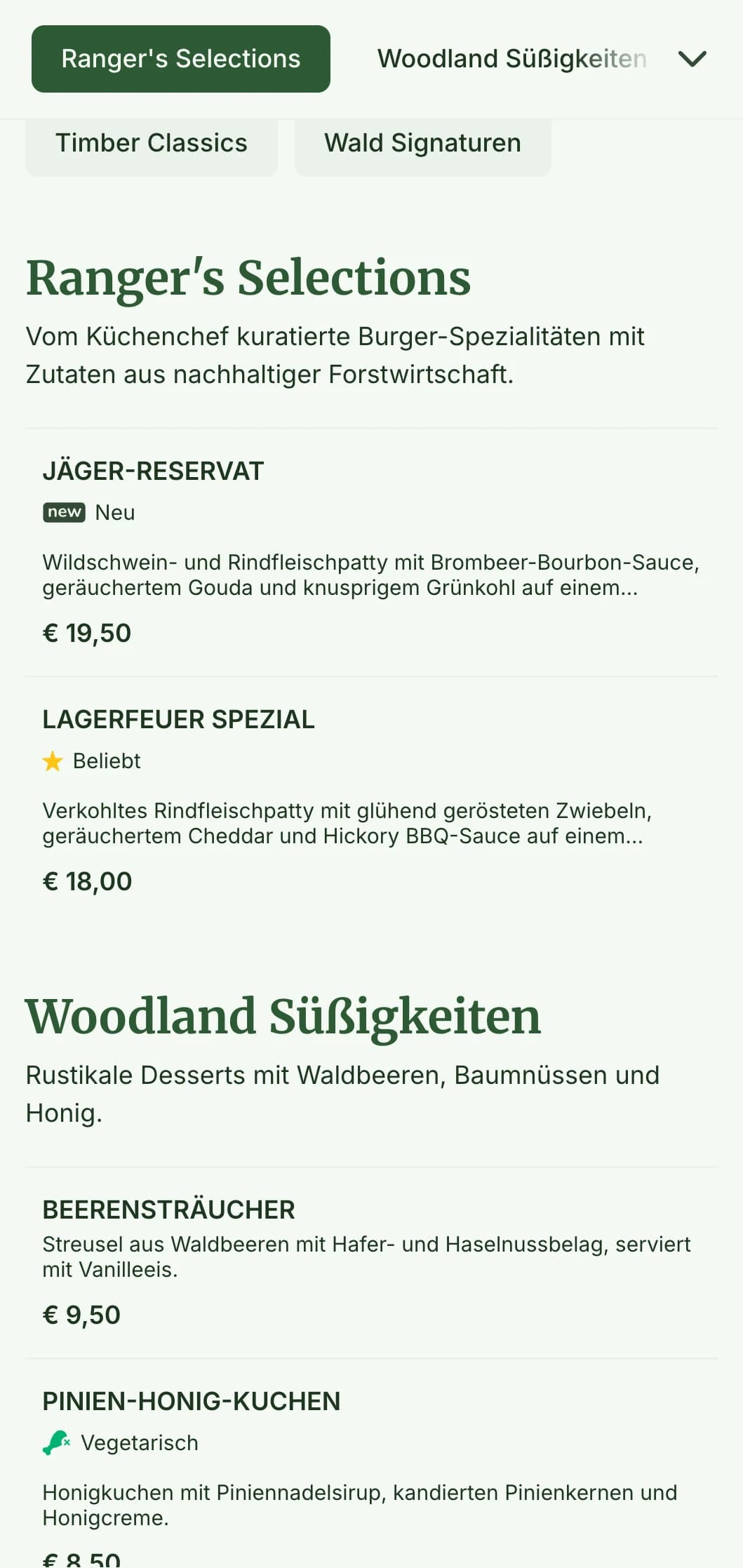Ein vom Wald inspiriertes Burger-Erlebnis mit Holztexturen und erdiger Farbpalette.
