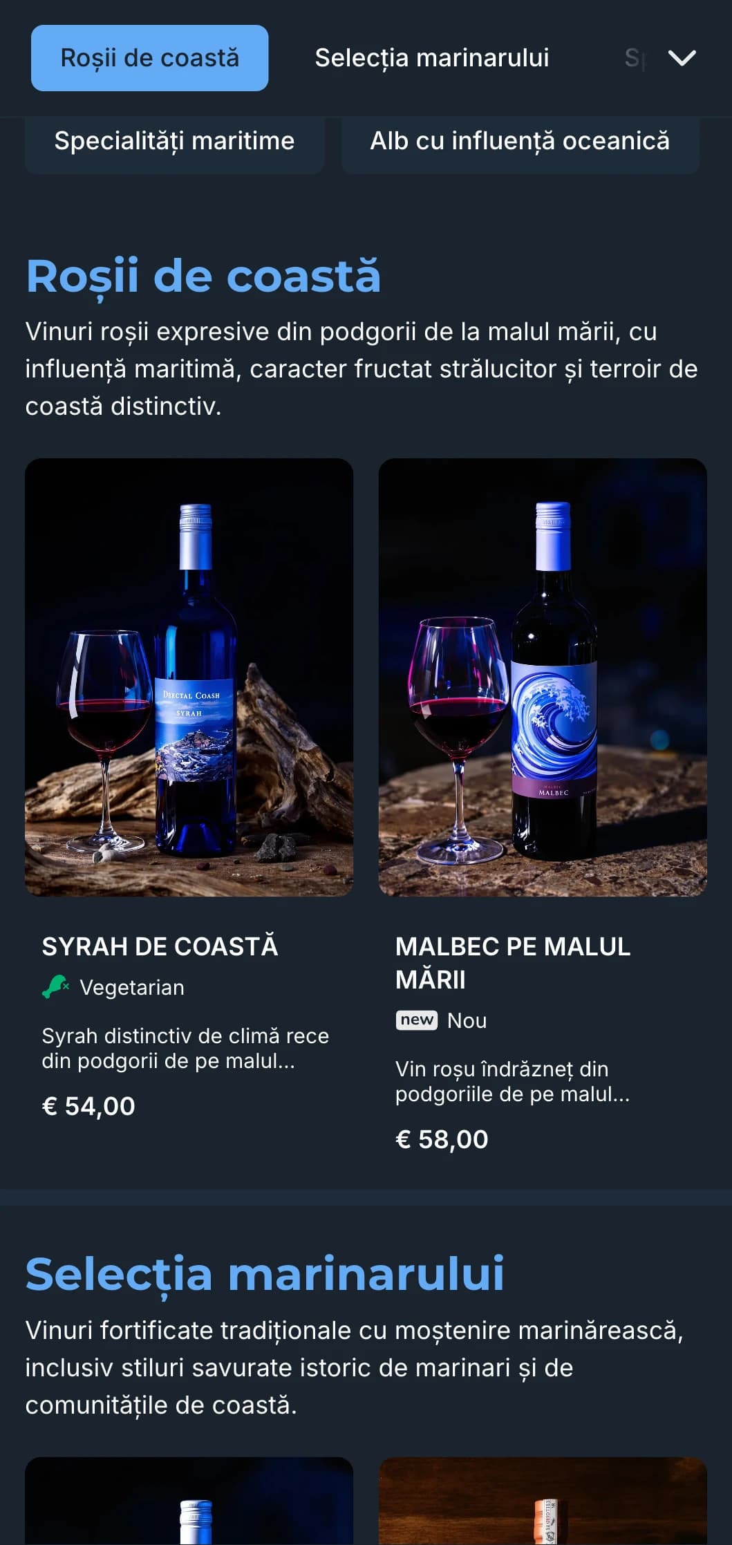 Șablon de listă de vinuri de inspirație mediteraneană cu accente albastre vibrante, perfect pentru restaurantele de coastă de seară și experiențele vinicole de pe malul mării.