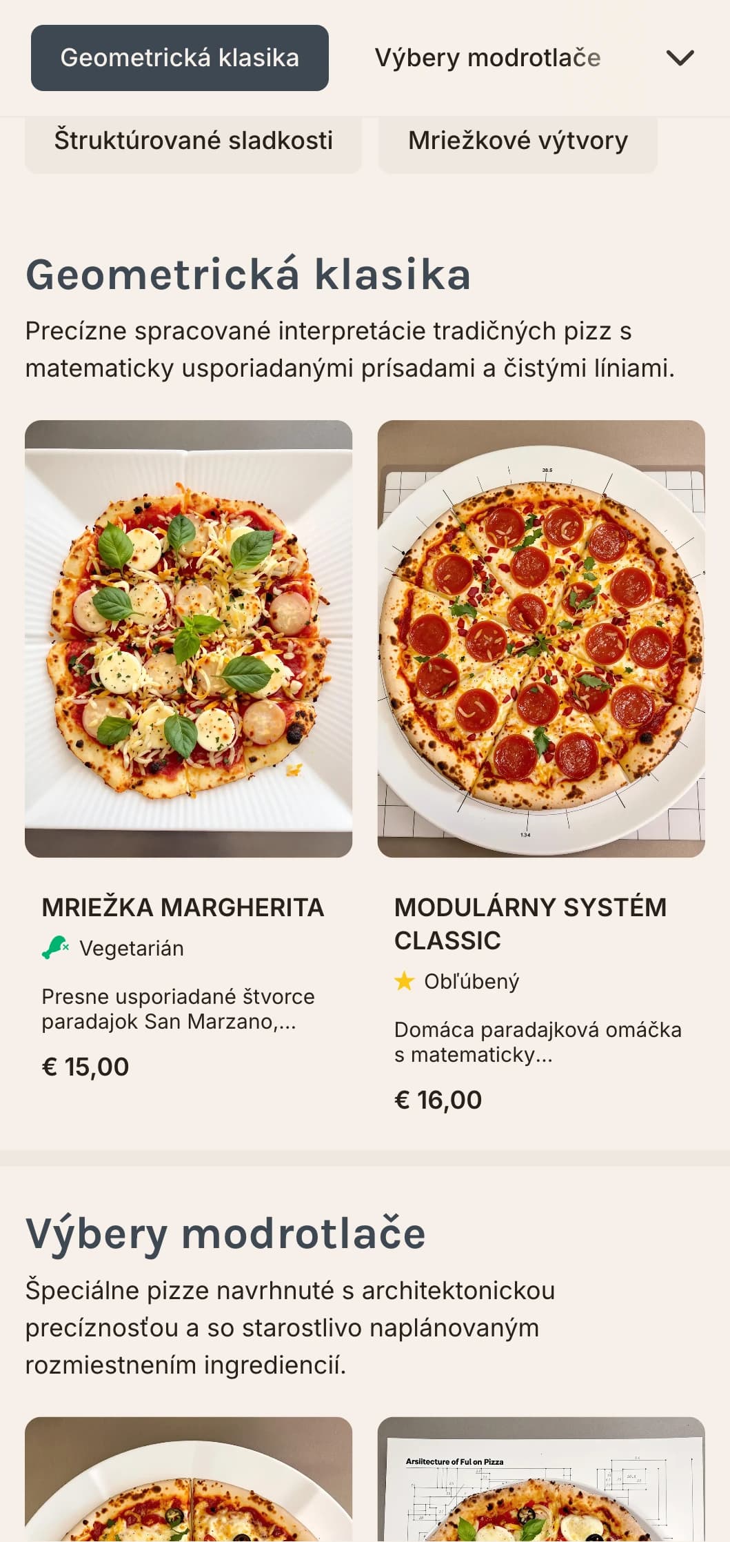 Geometrické moderné menu pizze s mriežkovým rozložením a presnými dizajnovými prvkami.