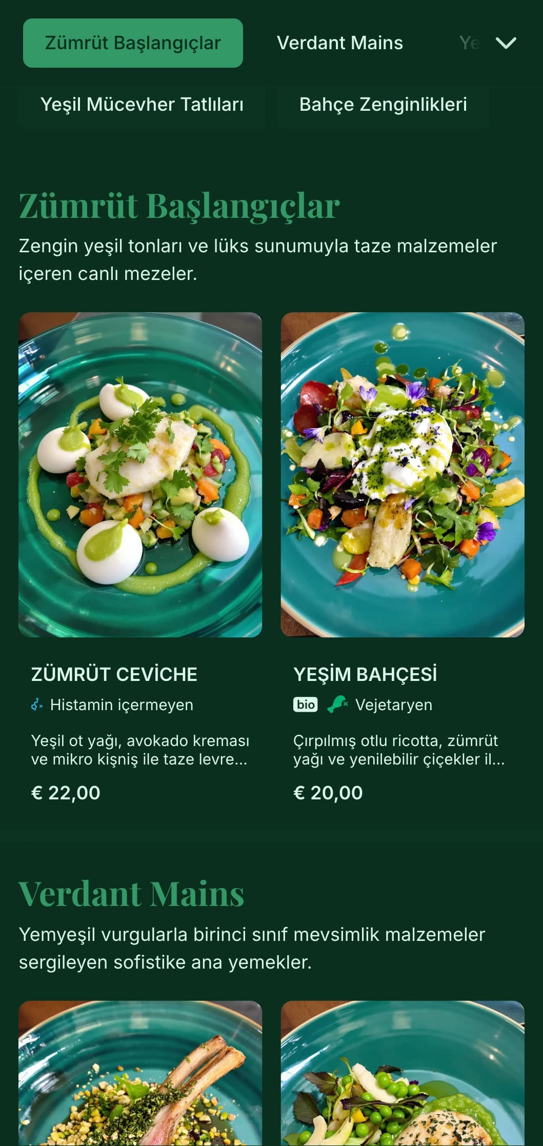 Değerli zümrütlerden ve yemyeşil bahçelerden ilham alan zengin, canlı yeşil temalı lüks konsept.