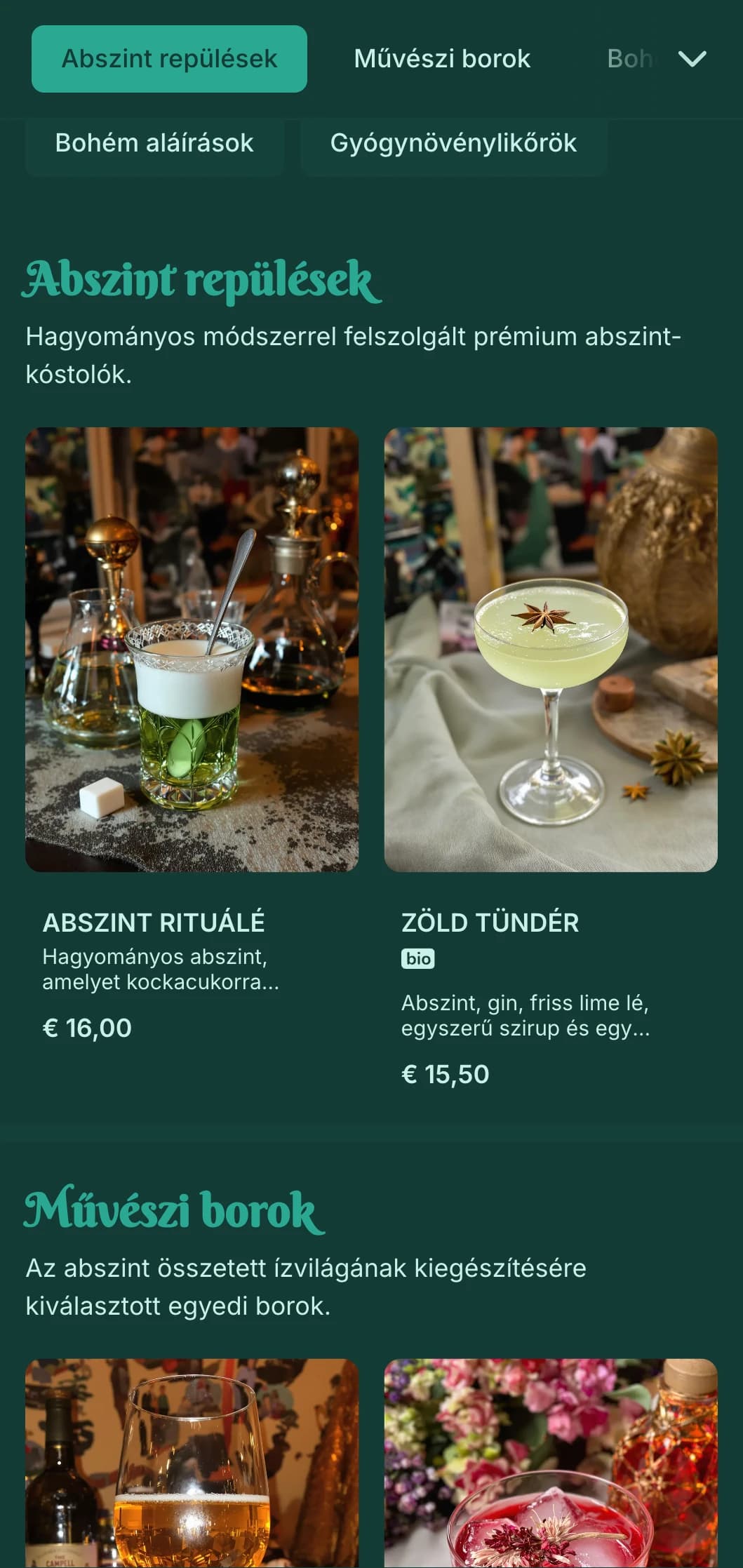 Smaragdzöld design szecessziós elemekkel abszint- és szeszesital-szalonok számára.