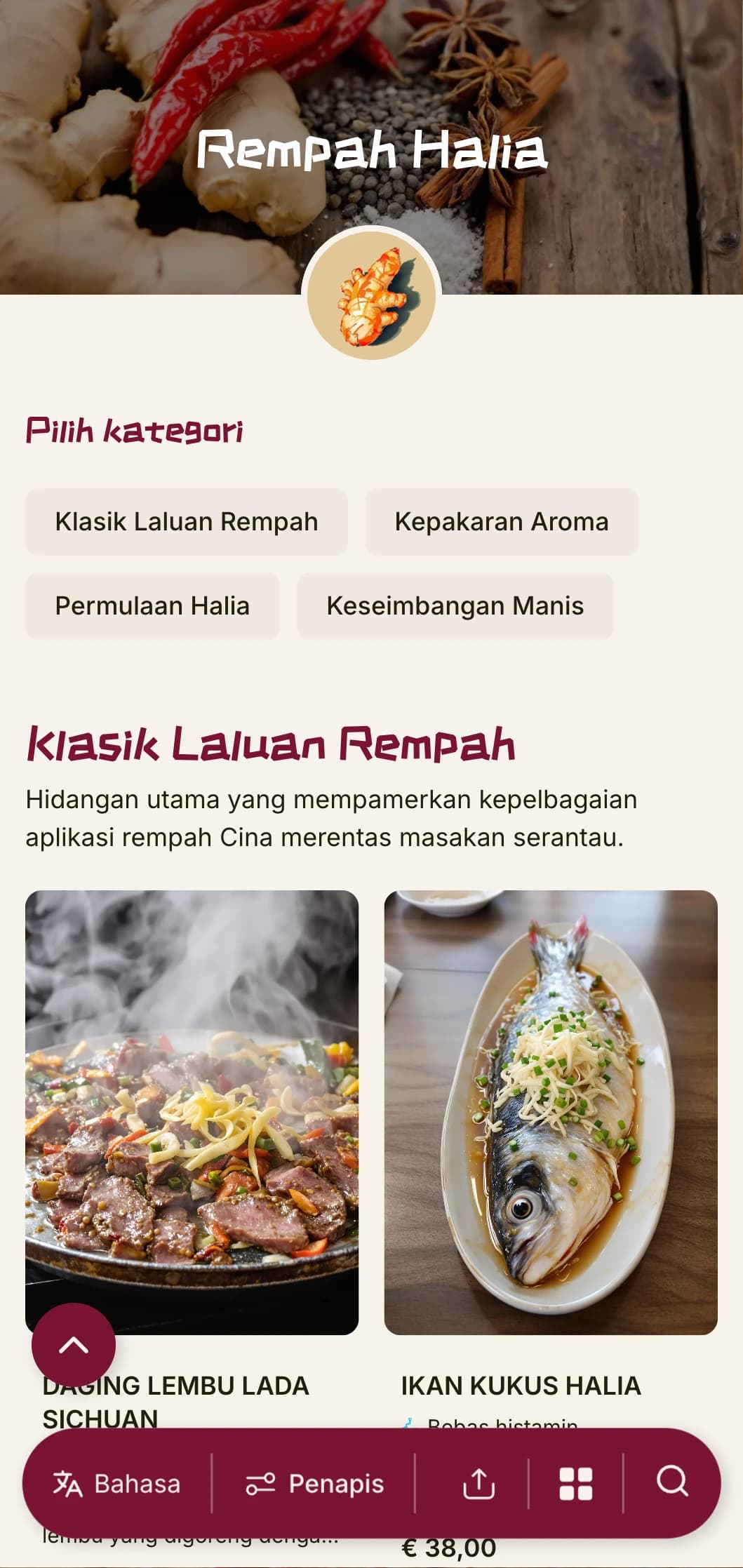 Reka bentuk menu Cina yang bertenaga yang diilhamkan oleh tradisi halia dan rempah ratus, dengan unsur berani untuk masakan serantau yang asli.