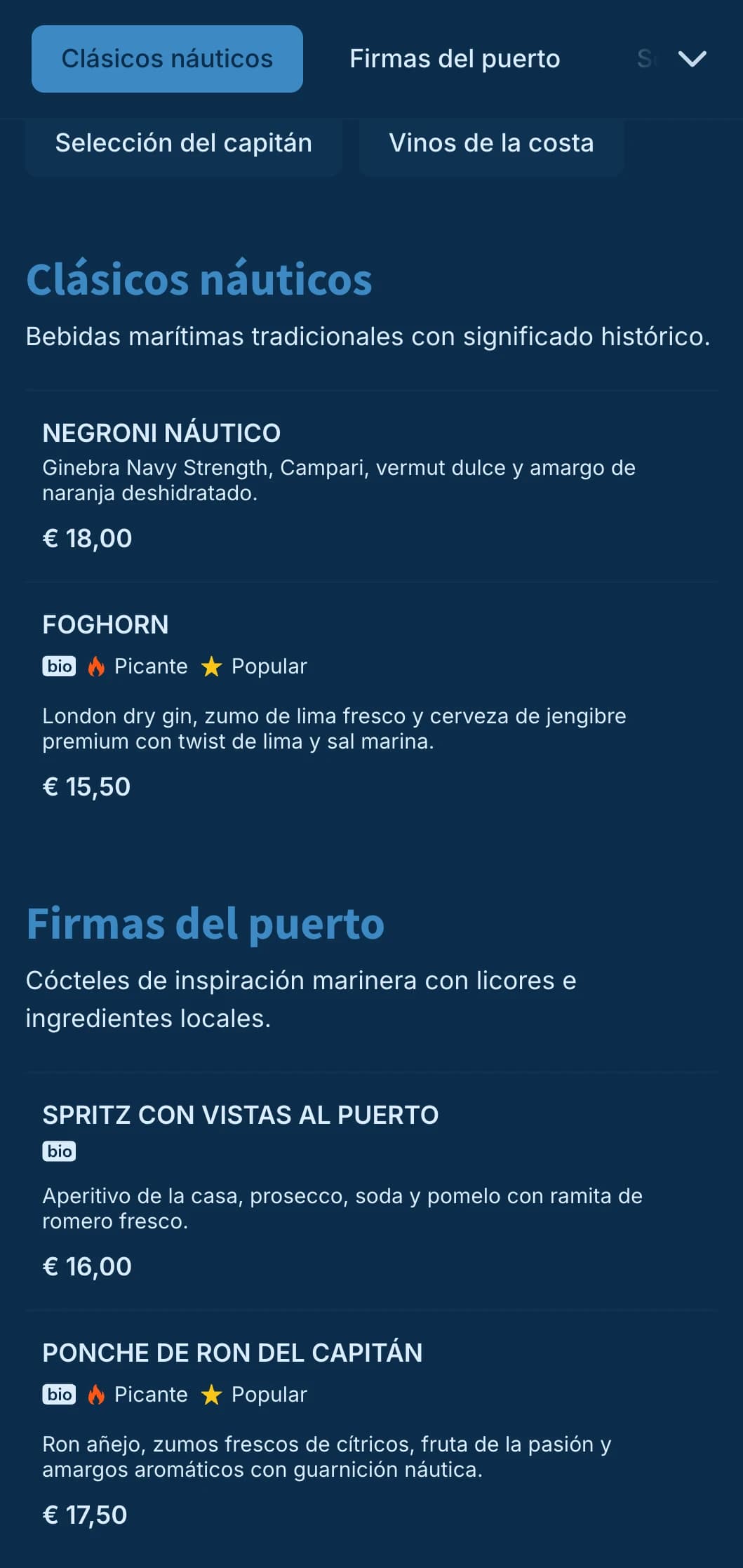 Diseño azul náutico con sutiles elementos marítimos para bares de cócteles frente al mar.