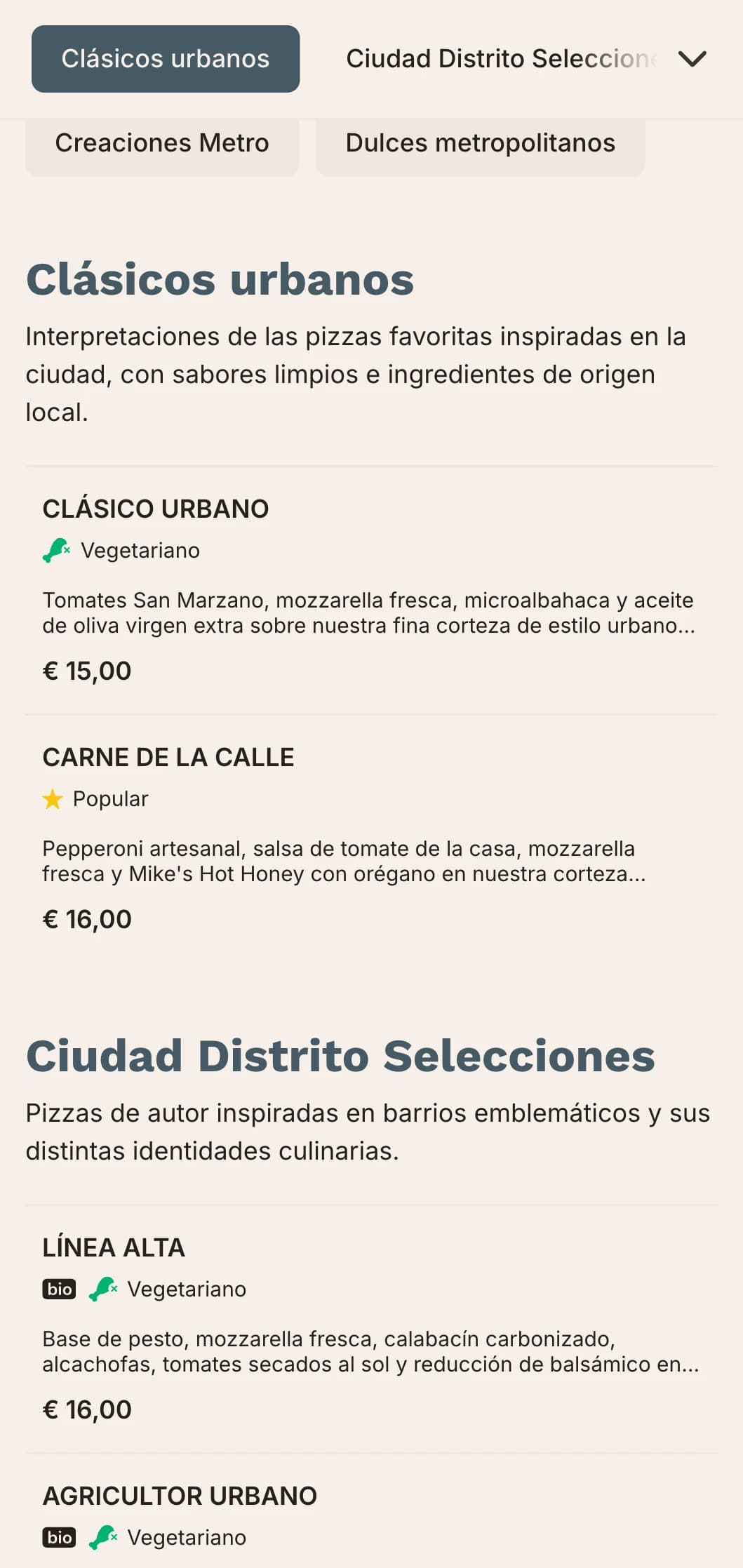 Carta de pizzas urbanas metropolitanas de líneas limpias y diseño contemporáneo para locales de ciudad.