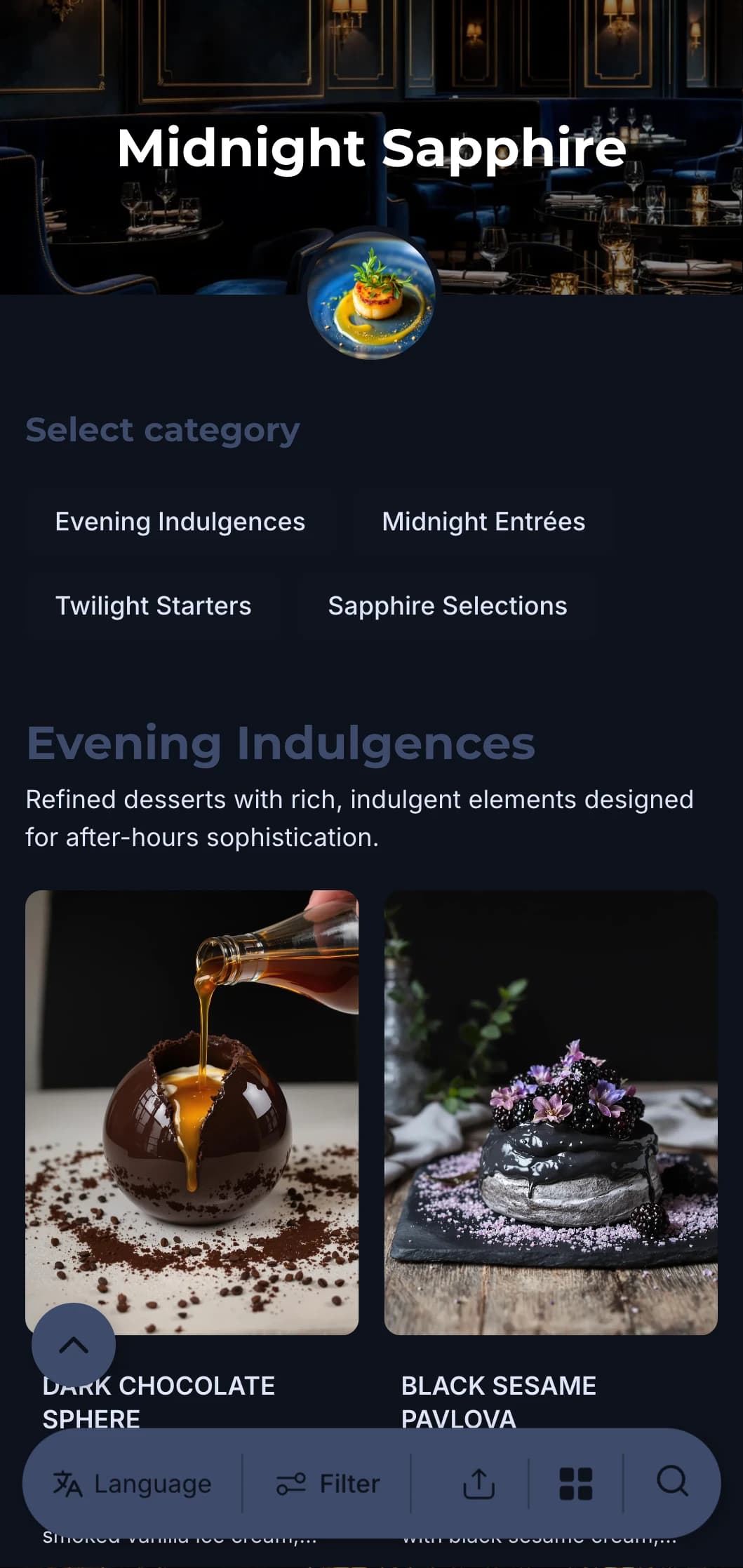 Sophisticated after-hours dining concept with deep blue tones and subtle luxury elements for an immersive culinary experience.