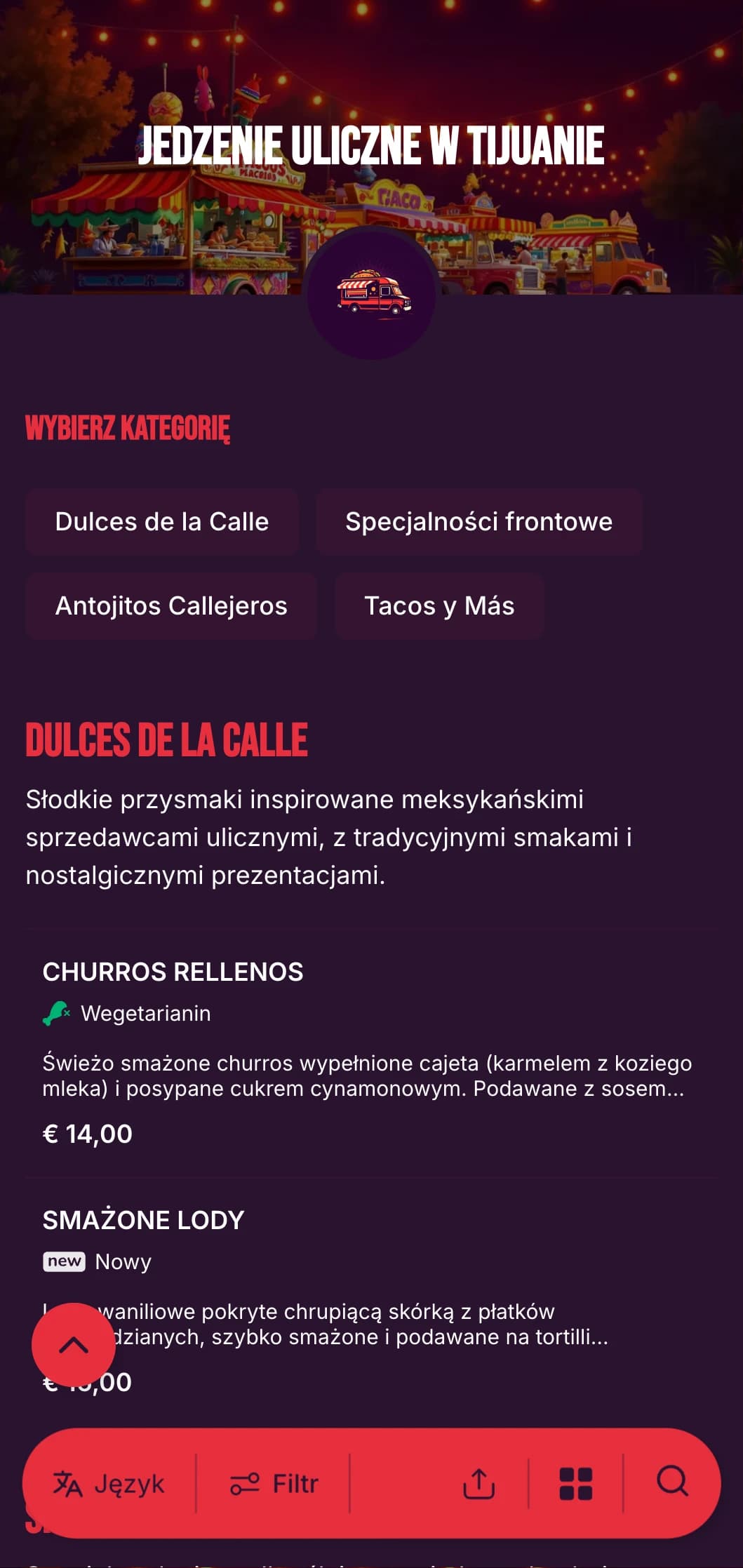 Odważne i energiczne menu street food inspirowane tętniącą życiem sceną kulinarną Tijuany z jasnymi kolorami, swobodną typografią i autentycznymi specjałami taco.