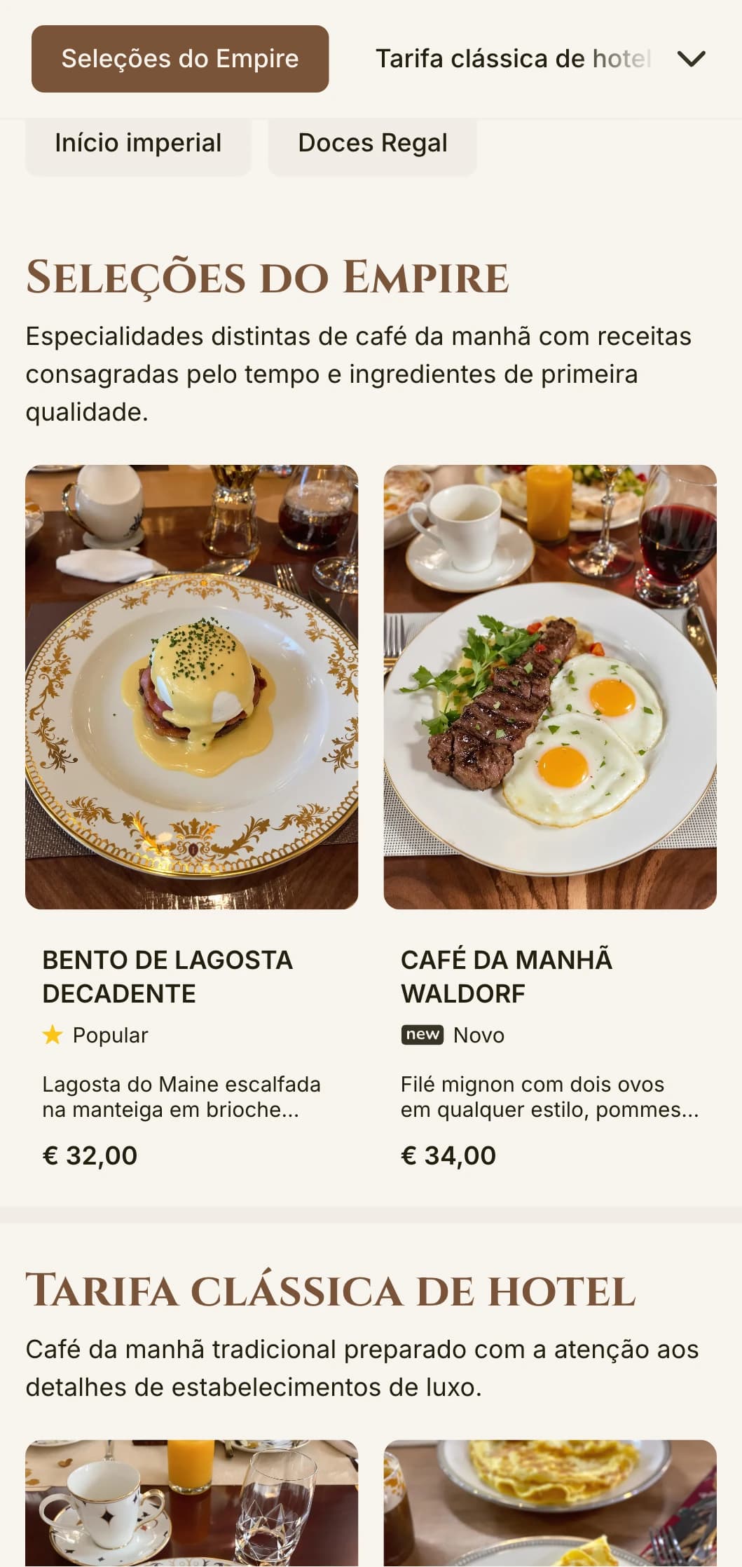 Grande experiência de café da manhã inspirada na era de ouro dos hotéis de luxo, apresentada com elegância formal.